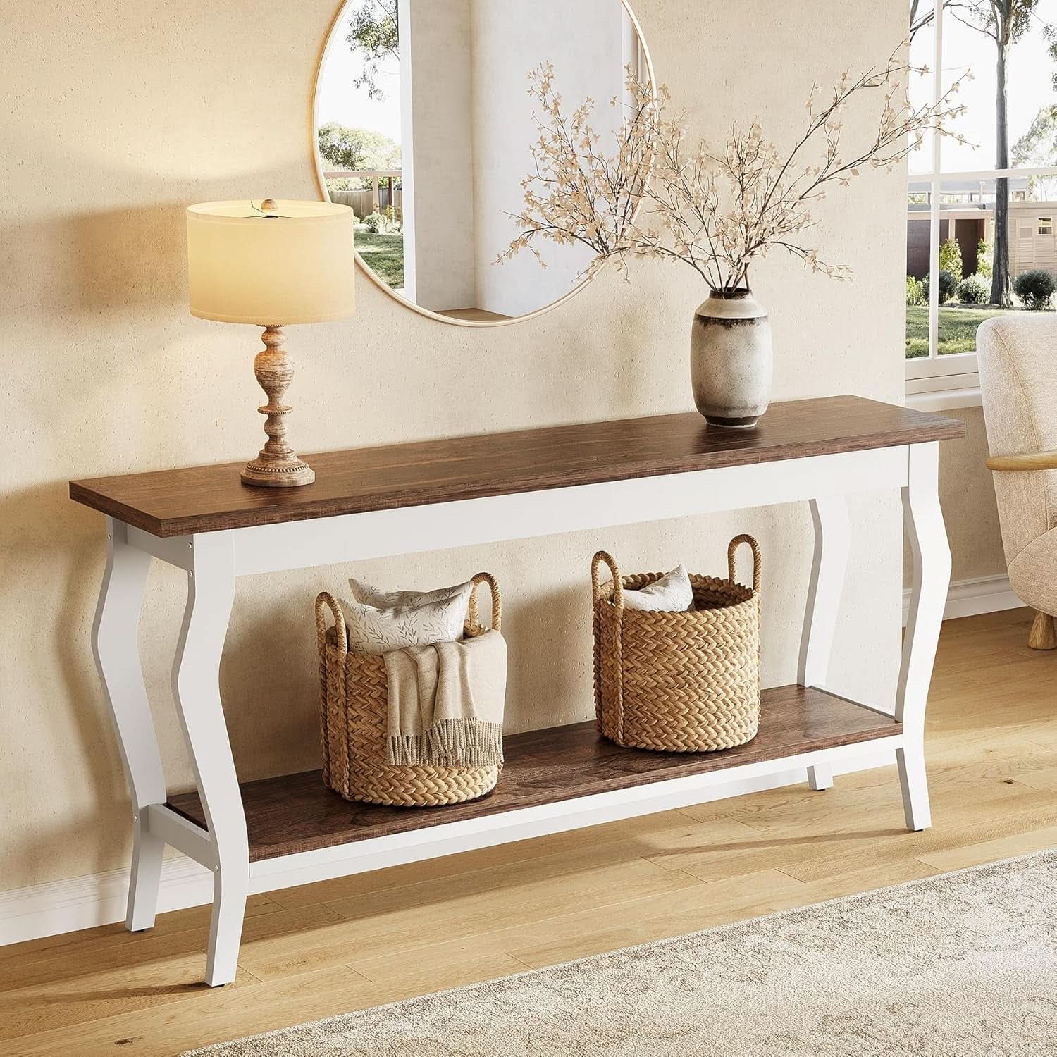 Vintage Console Table 70.9 Inch Two Tier Brown Finish-2