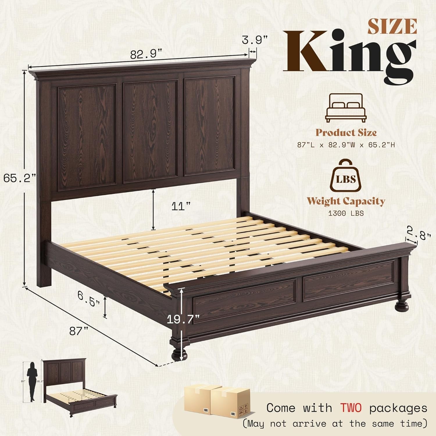 Midcentury Modern DarkPine King Bed Frame Headboard