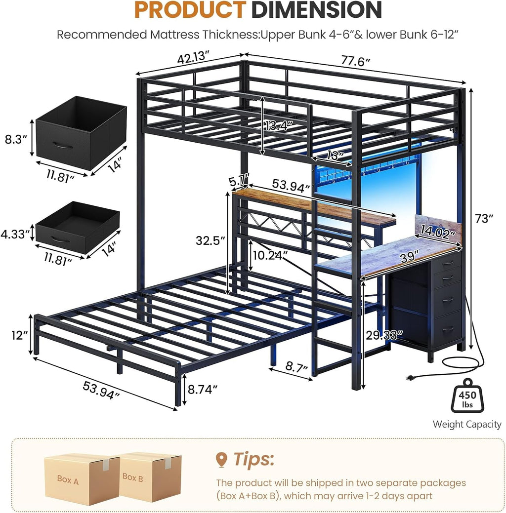 Twin Over Full Metal Bunk Bed Desk Storage LED Charging Station