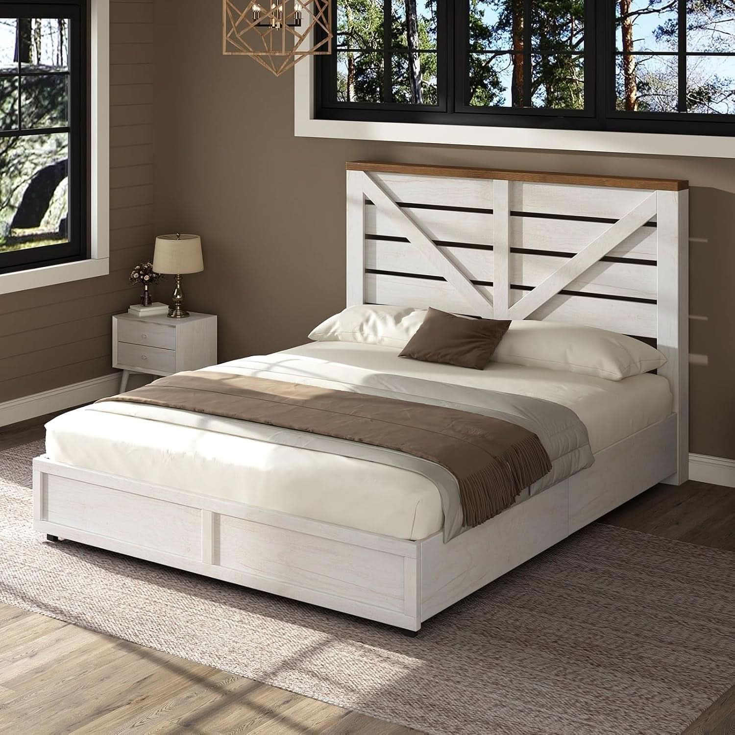 Barnwood White Farmhouse Storage Platform Bed Frame