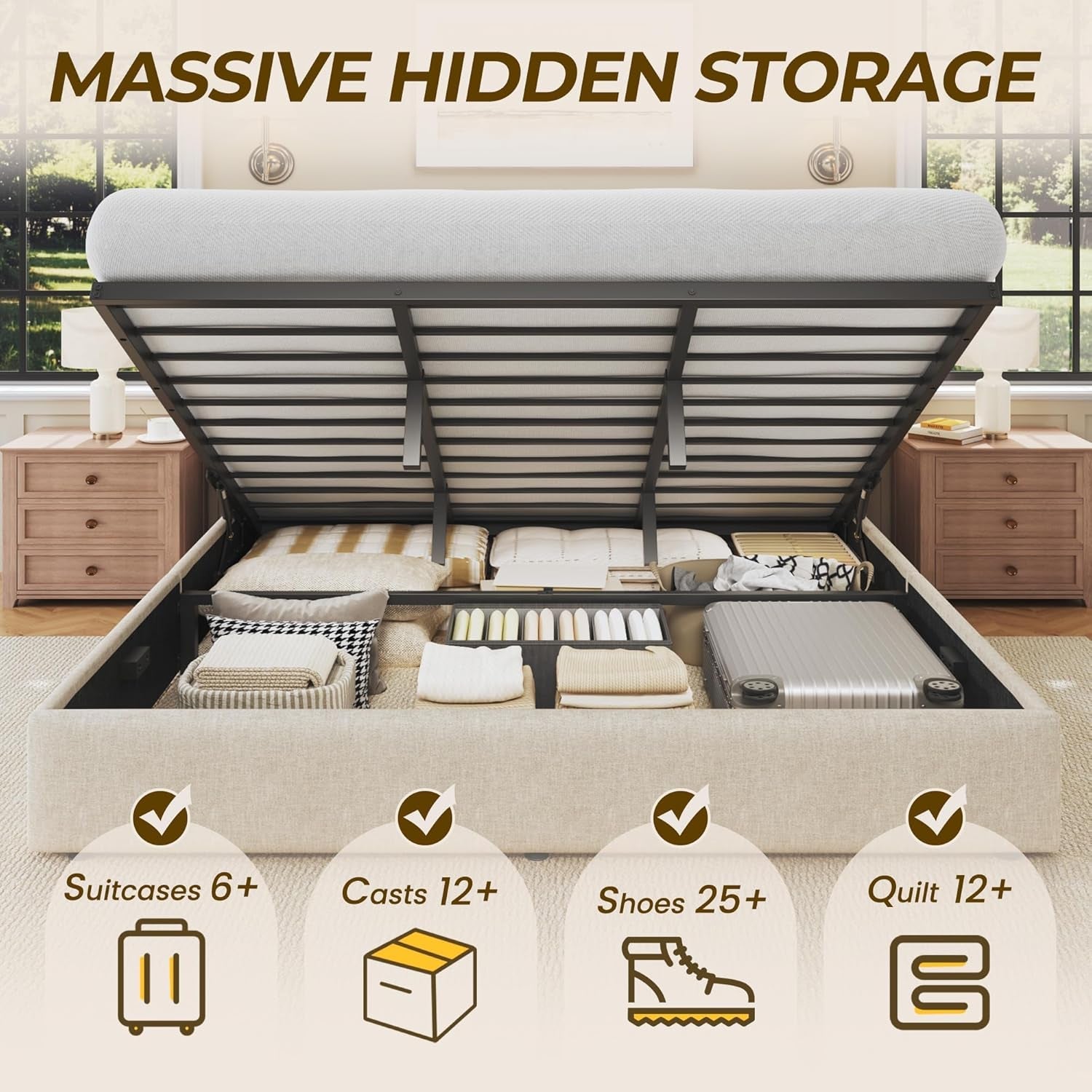 King Size Storage Bed Frame Beige Textured Upholstered
