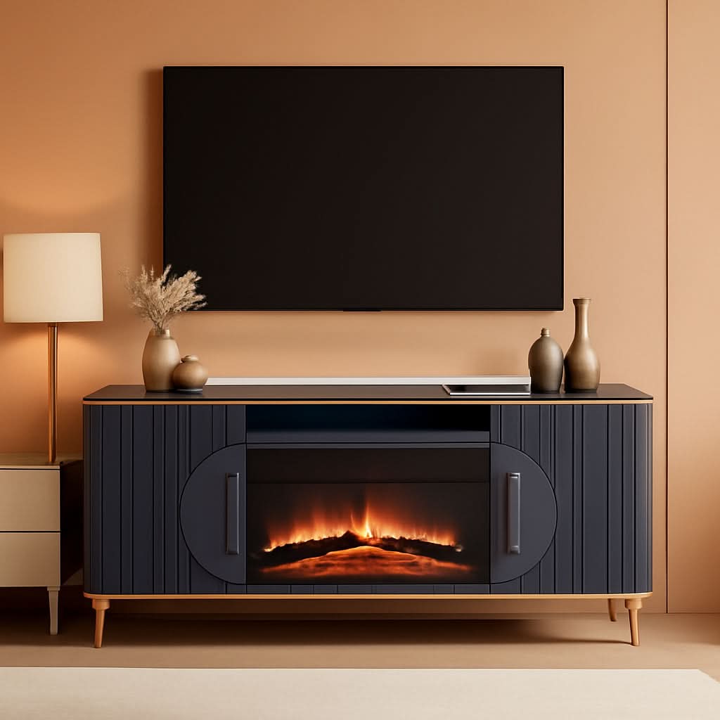 Fluted Fireplace TV Stand Navy Sophisticated Marble-0