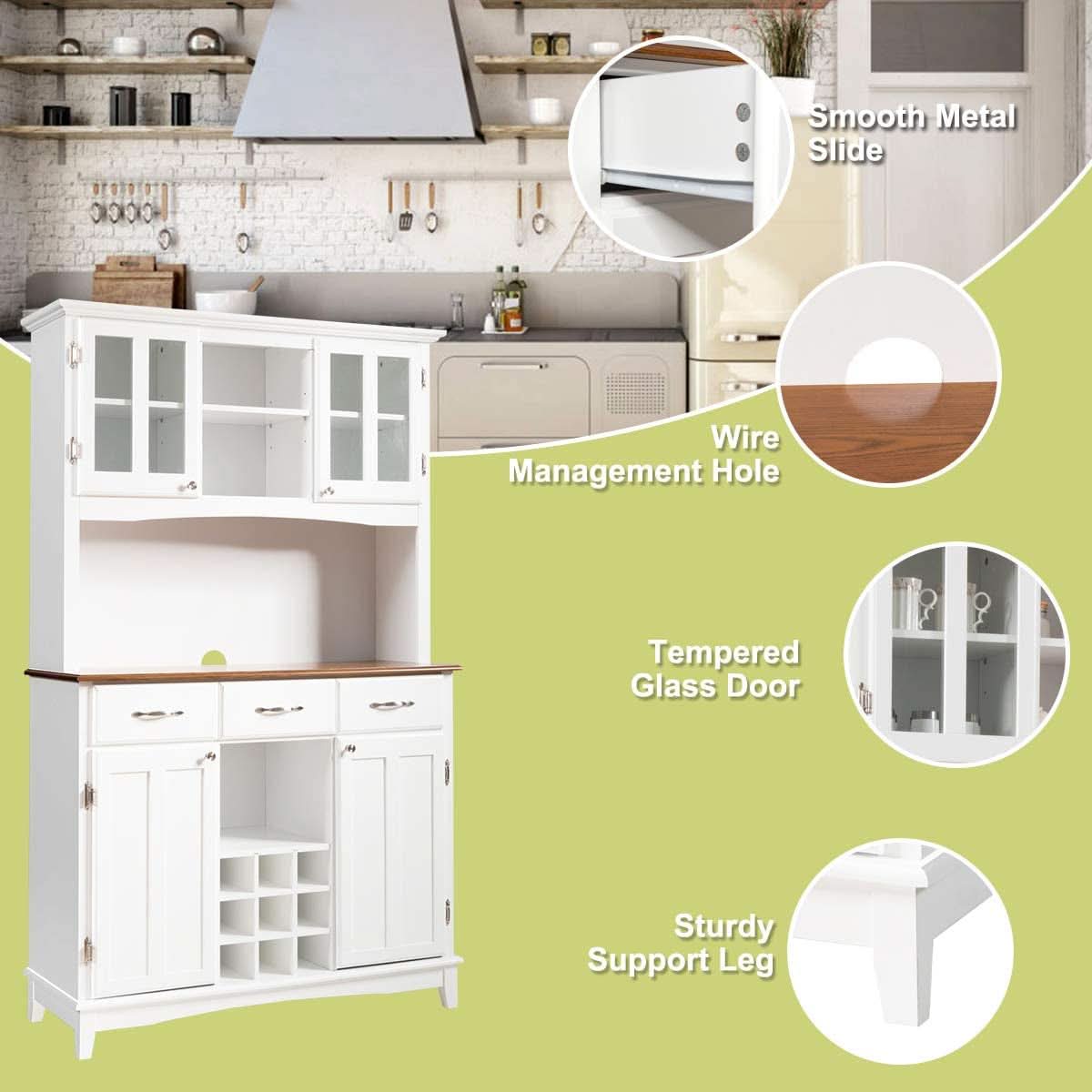 White Kitchen Hutch Sideboard With Built In Wine Rack-4