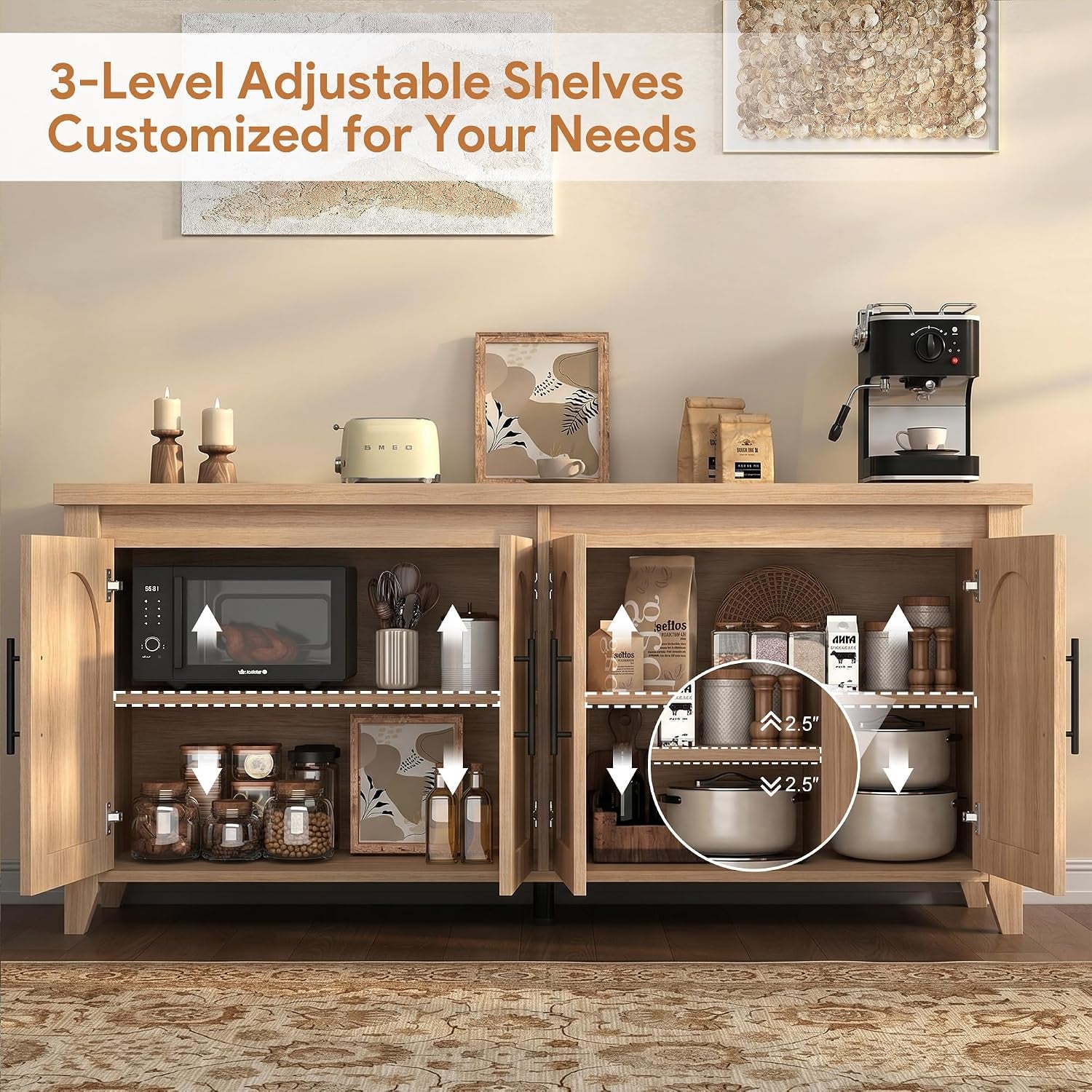 Sixty Three Inch Exquisite Fluted Arched Solid Wood Sideboard