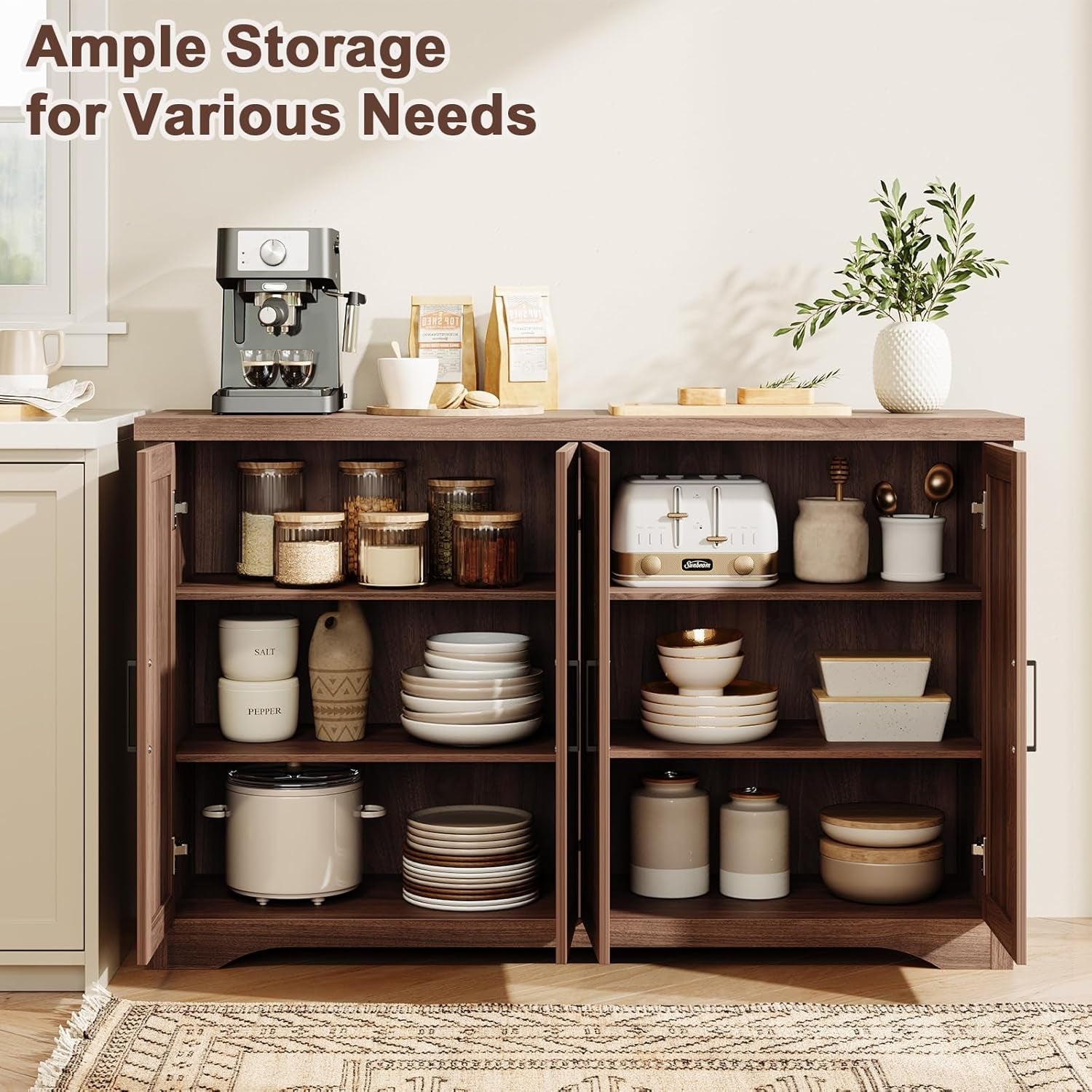 55Inch Walnut Fluted Sideboard Adjustable Storage Unit-2