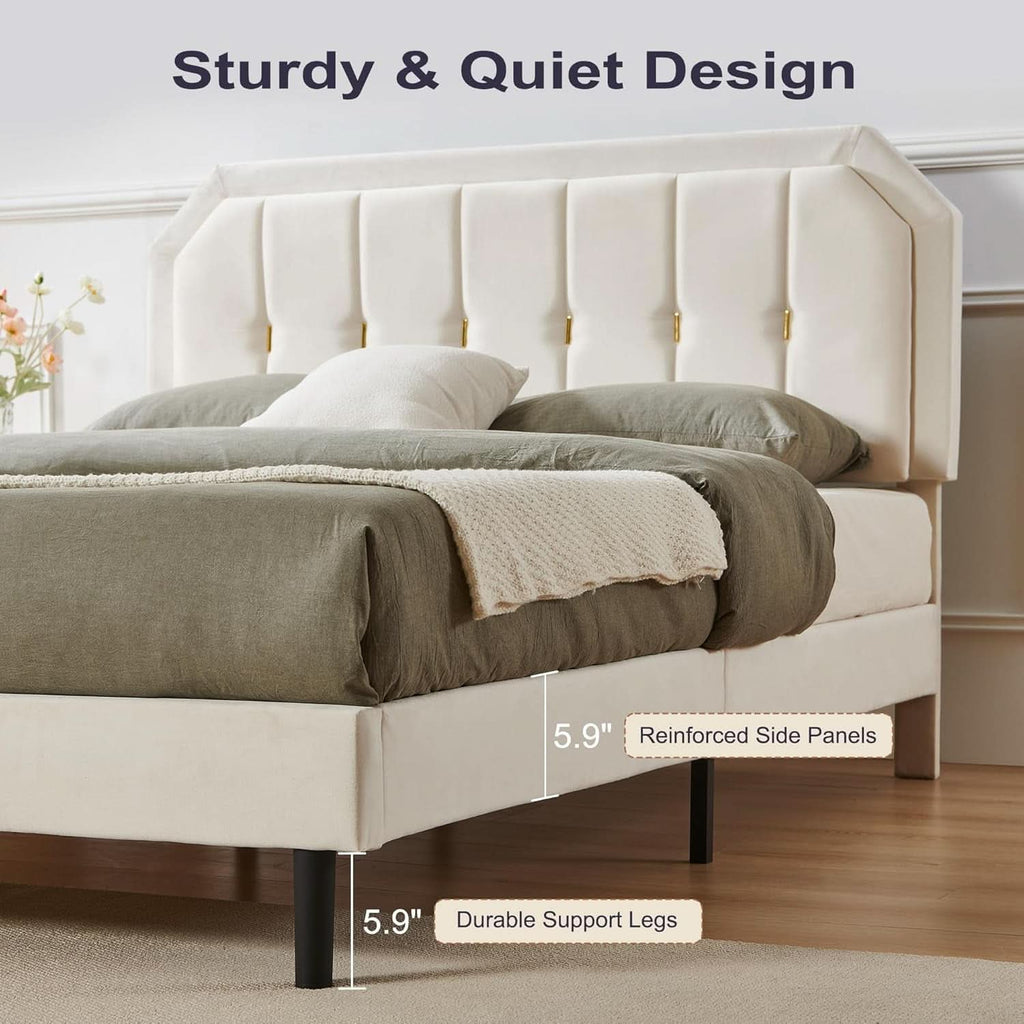 Queen Velvet Bed Frame Beige Upholstered Headboard