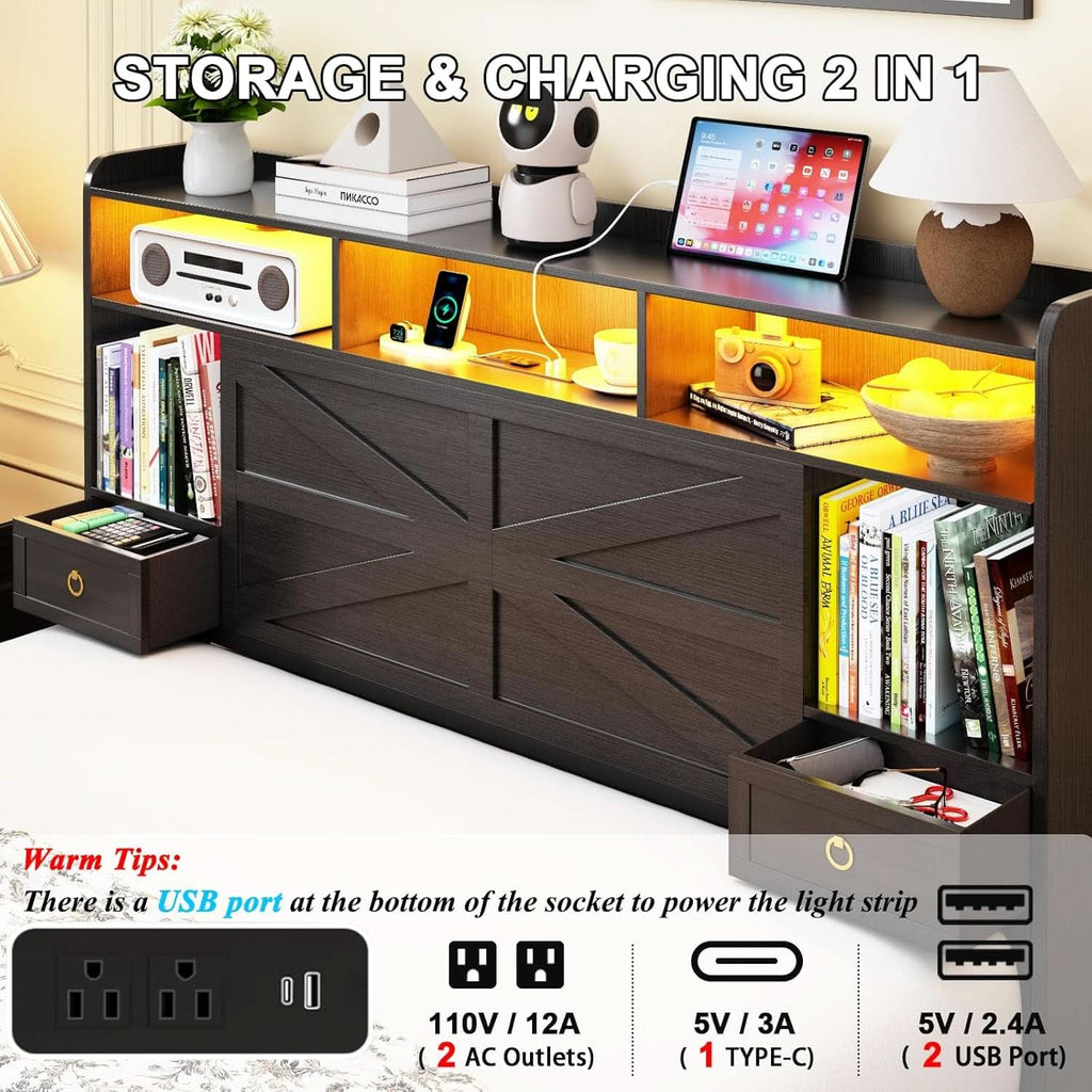 Queen Bed Frame With Storage Head board With LED Black