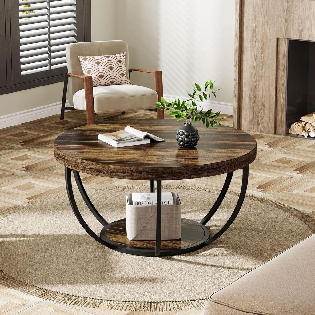 Round Coffee Table 31.7Inches Rustic Brown Storage-4