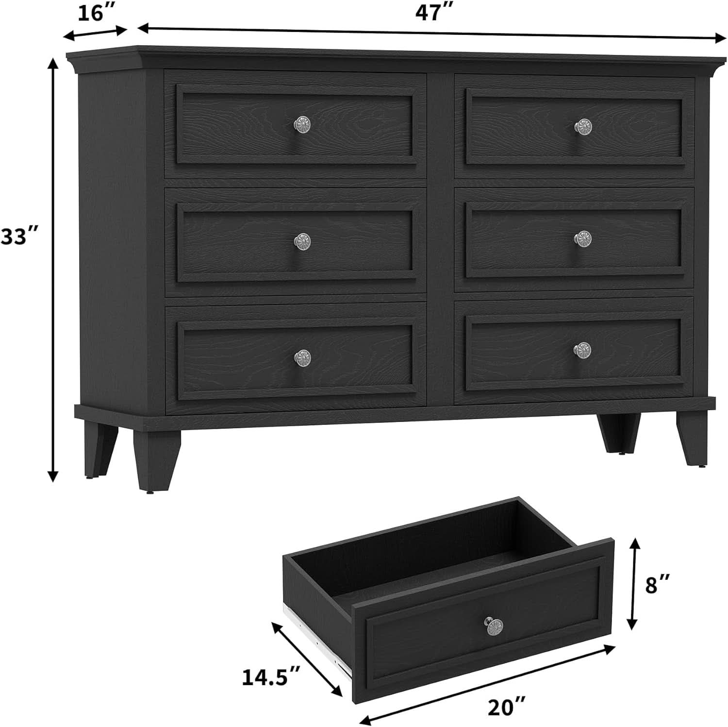 Black Antiqued Traditional Six Drawer Dresser Chest