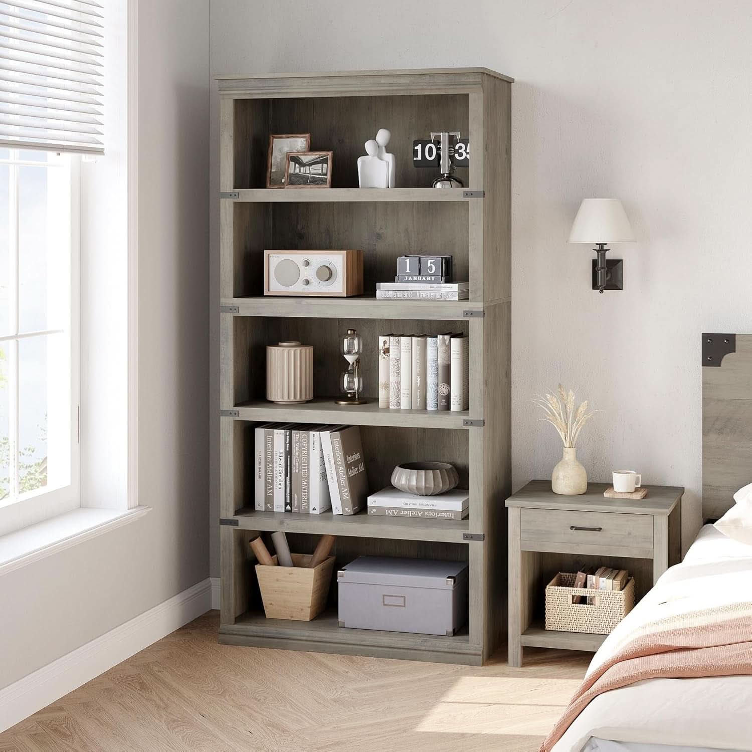 Grey Farmhouse Five Tier Bookcase Living Room Storage