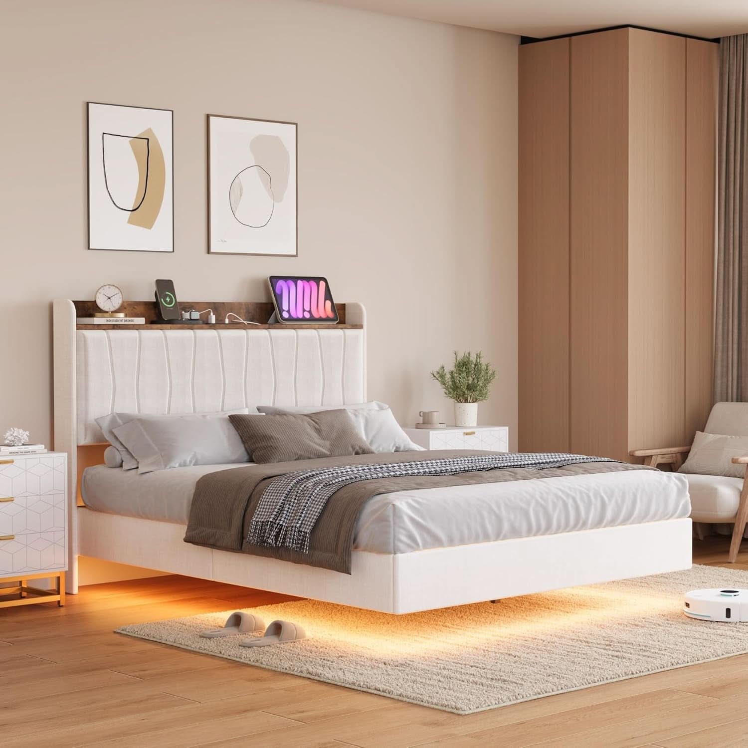 Floating King Bed Frame With LED Headboard Lighting