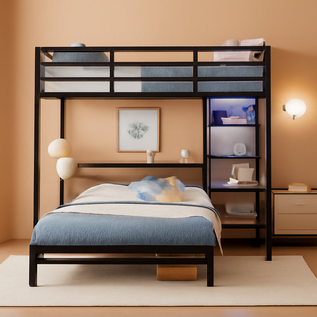 Twin Over Full Metal Bunk Bed Desk Storage LED Charging Station