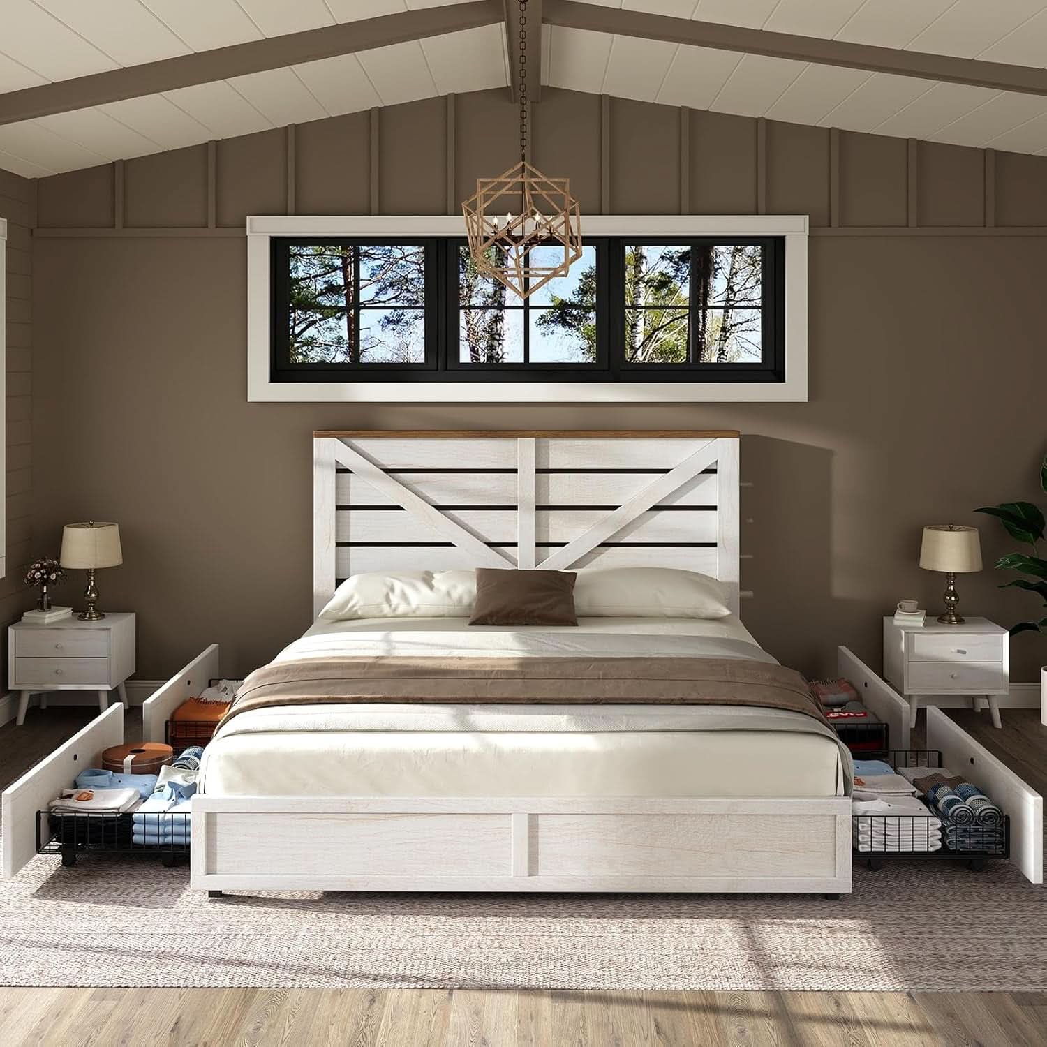 Barnwood White Farmhouse Storage Platform Bed Frame