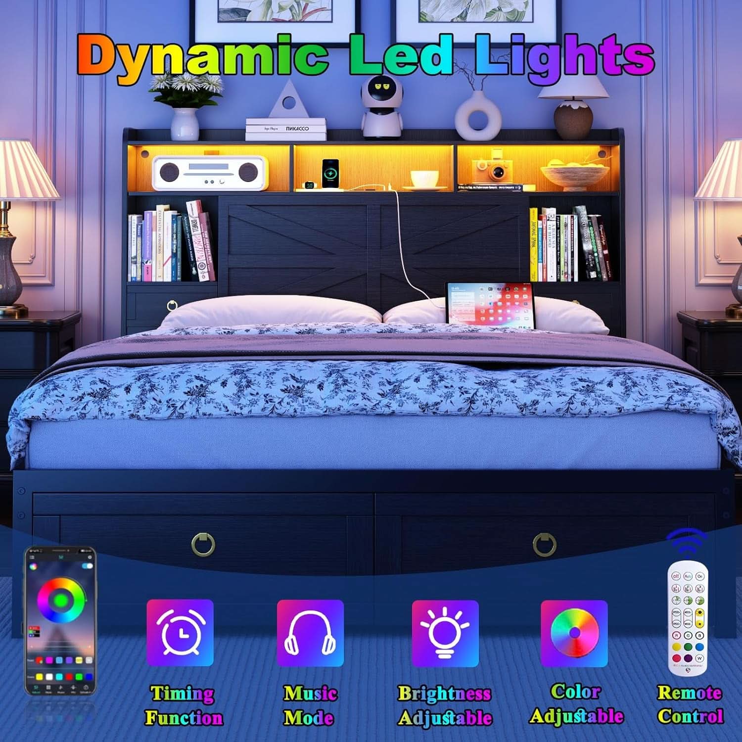 Queen Bed Frame With Storage Head board With LED Black
