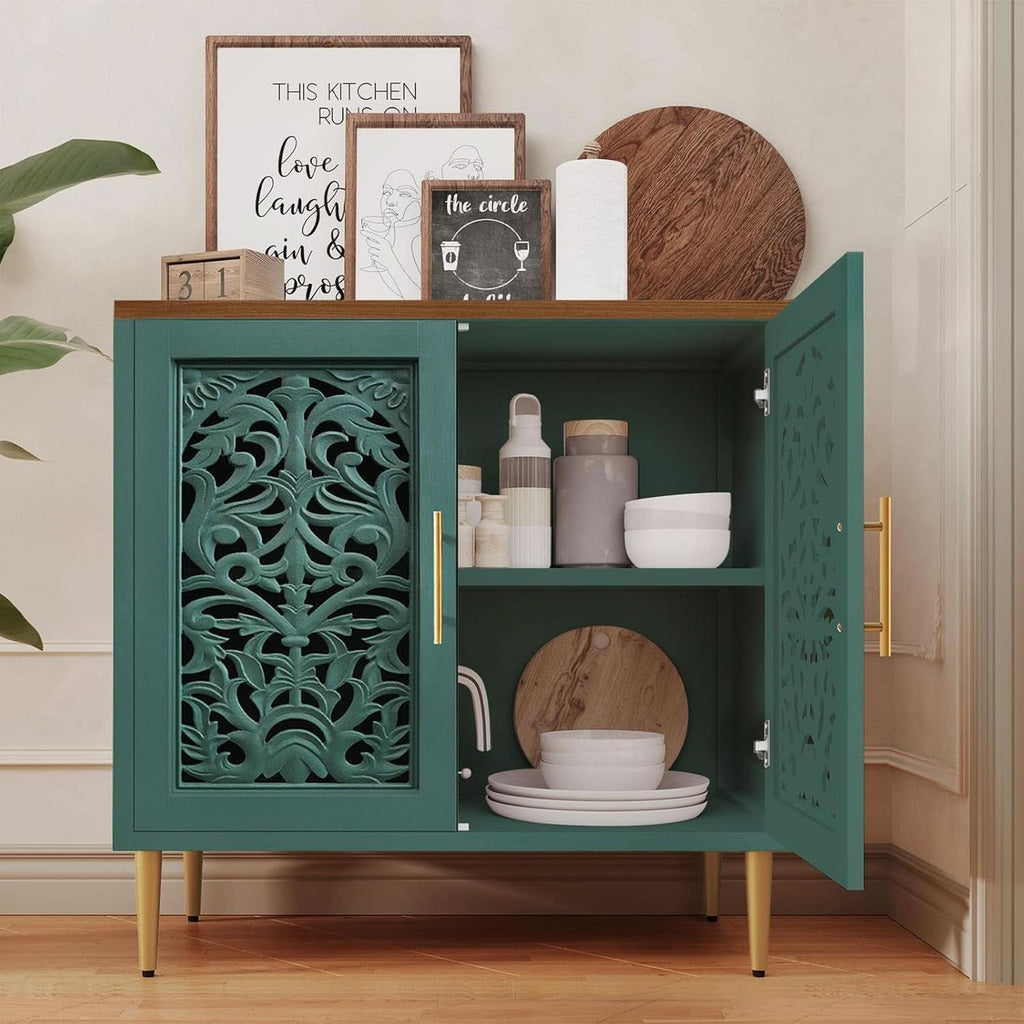 Green Accent Cabinet Carved Storage Vintage Furniture-2