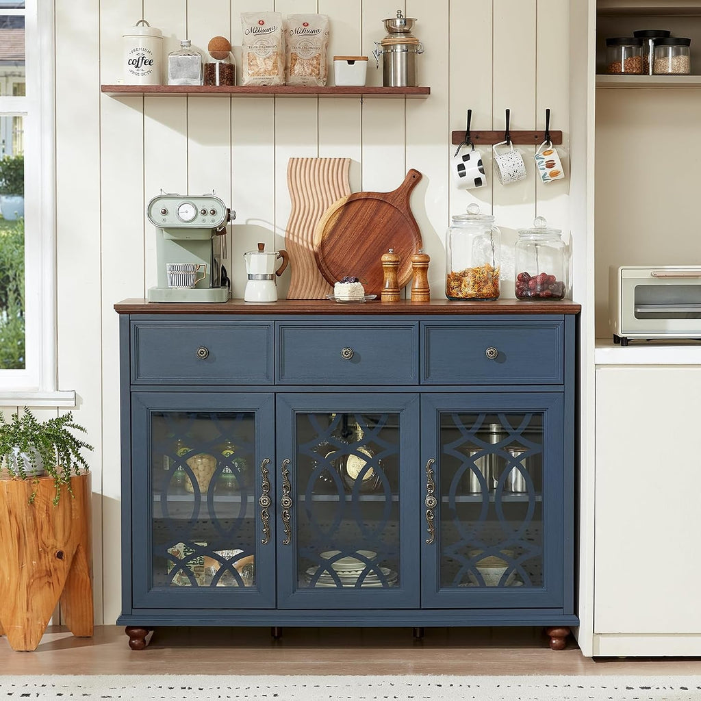 Navy Blue Rustic Farmhouse Sideboard Cabinet Glass