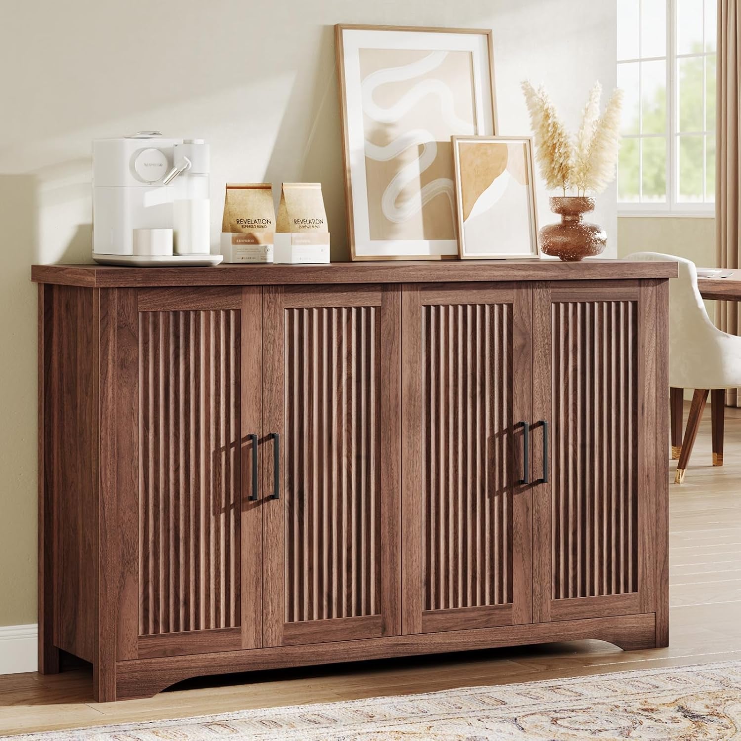 55Inch Walnut Fluted Sideboard Adjustable Storage Unit-0