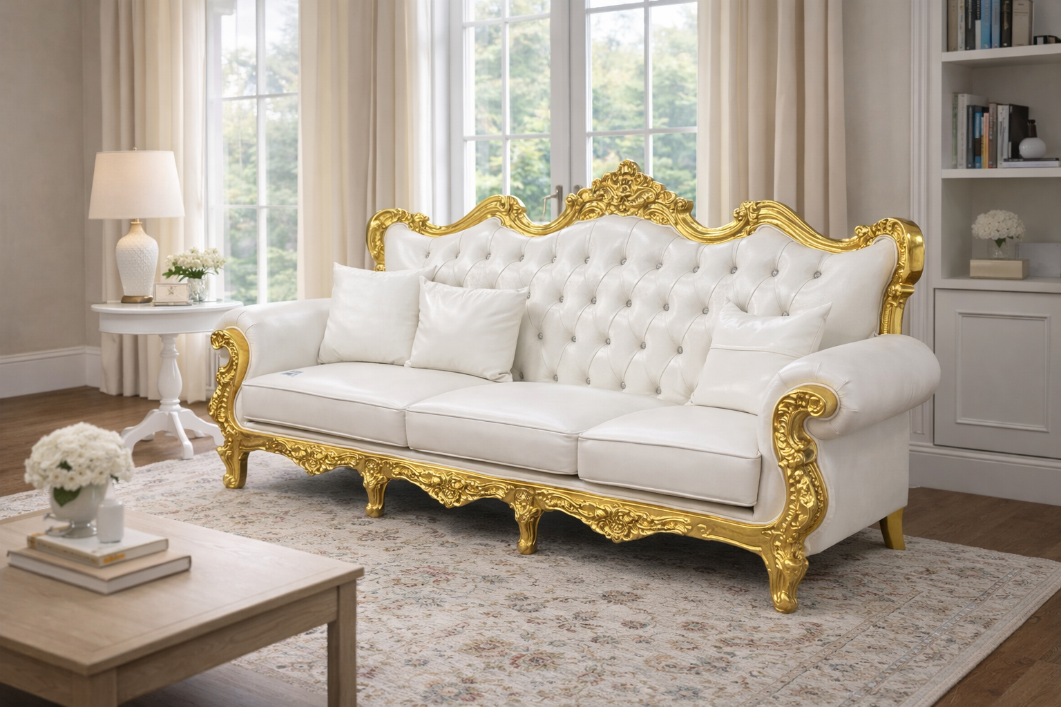 Luxury White & Gold flux leather Sofa – Ornate Royal Style