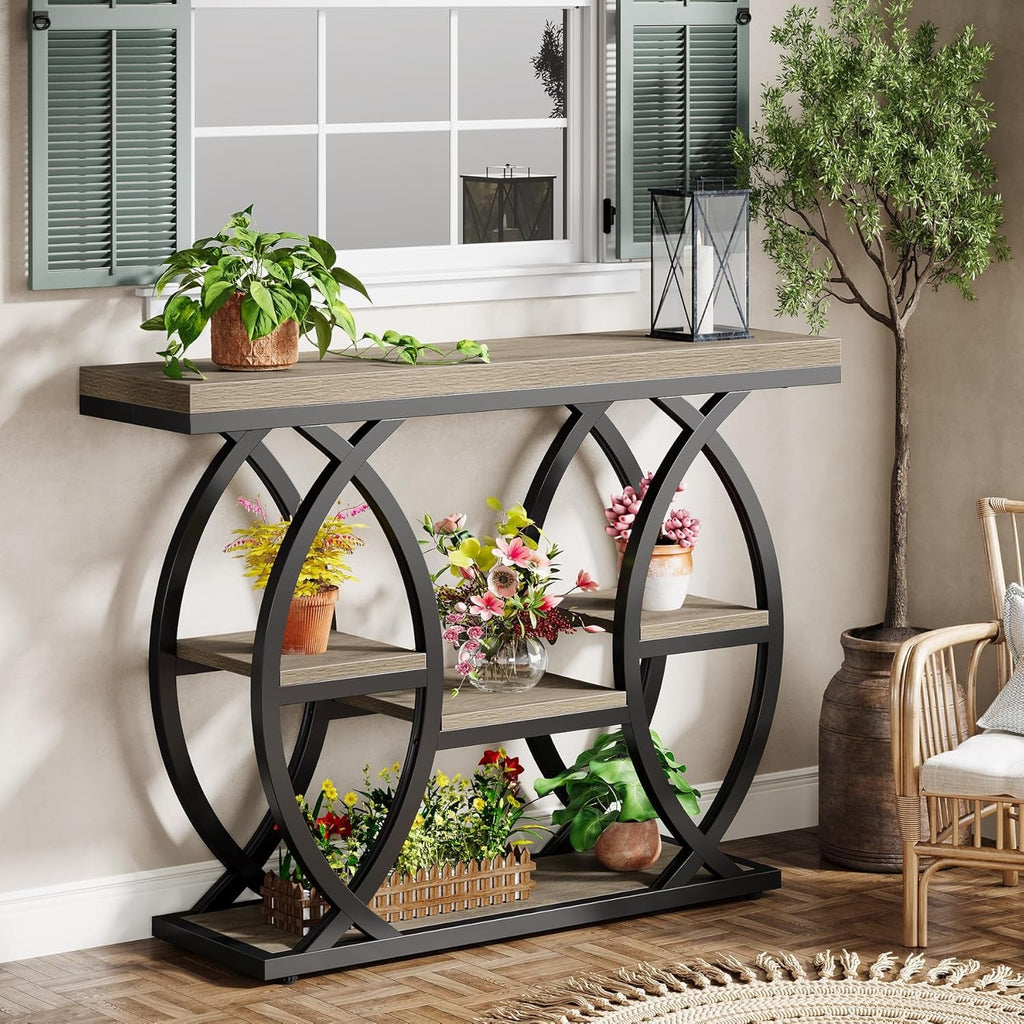 Grey Industrial 39.4in Narrow Console Table Storage-4