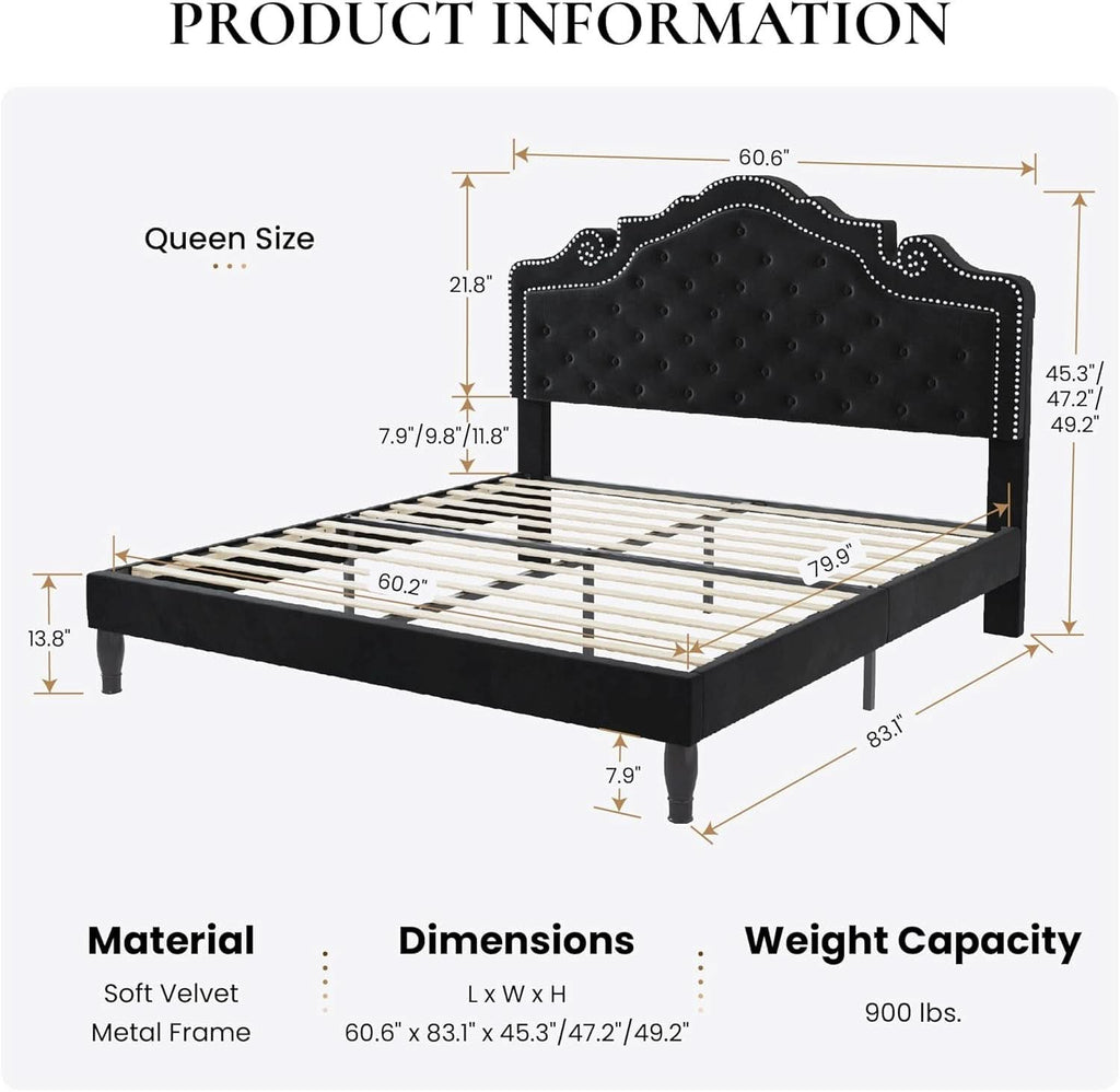 Queen Bed Frame With Adjustable Headboard BlackVelvet-1