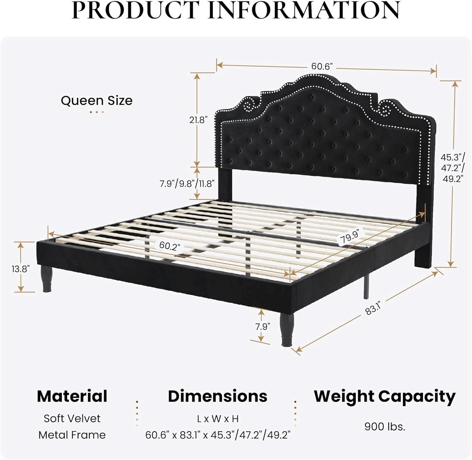 Queen Bed Frame With Adjustable Headboard BlackVelvet-1
