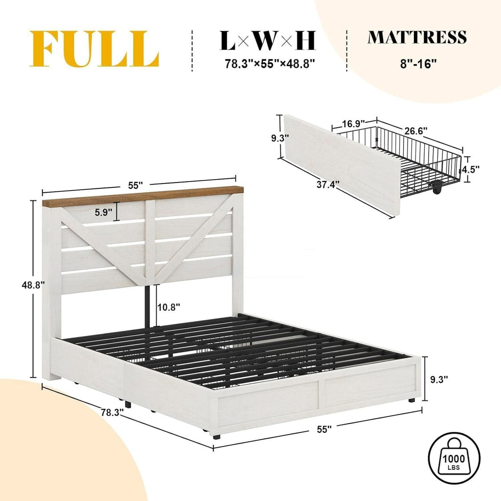 Barnwood White Farmhouse Storage Platform Bed Frame