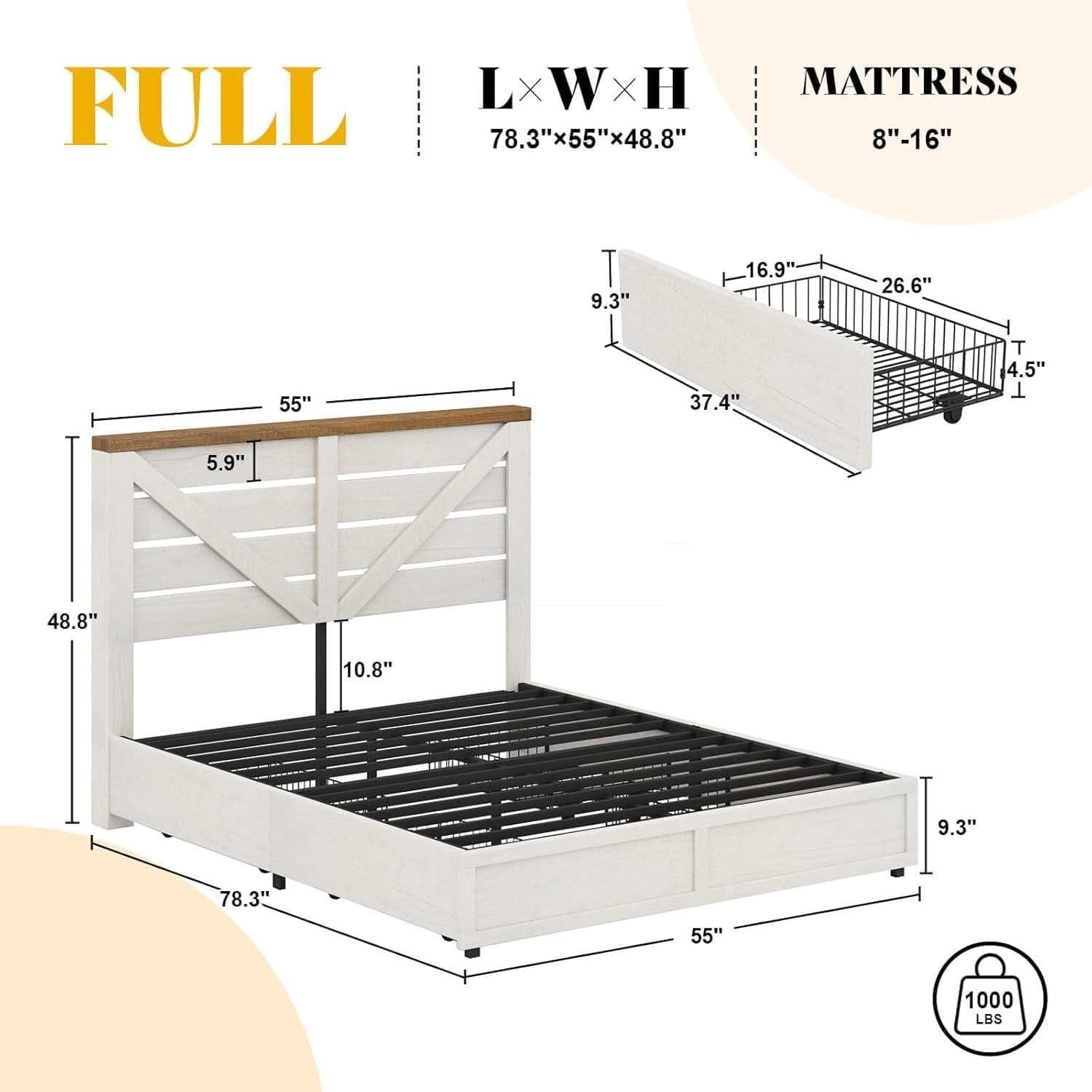 Barnwood White Farmhouse Storage Platform Bed Frame