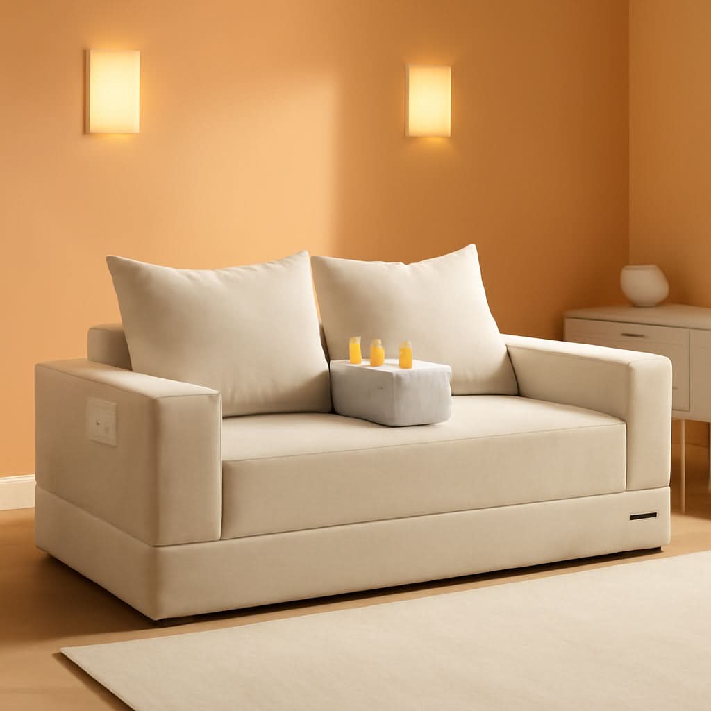 Beige Foldable Convertible Sleeper Sofa With CupHolders-0