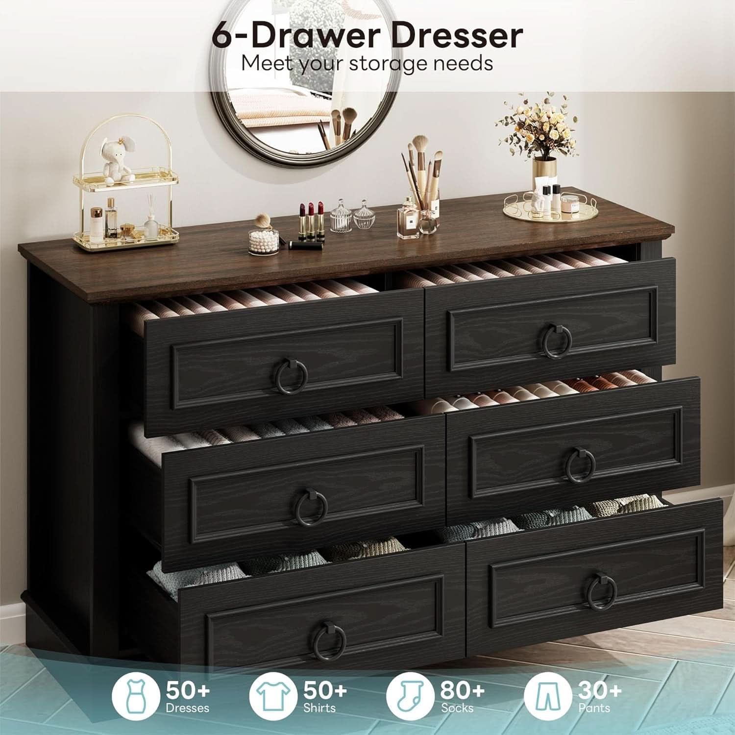 Black FortySevenPointTwoInch Wide Six Drawer Dresser