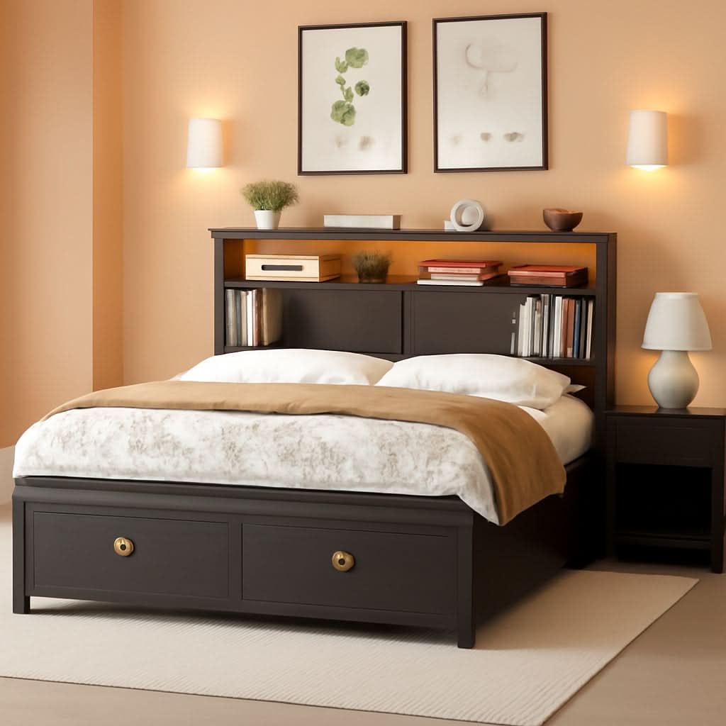 Queen Bed Frame With Storage Head board With LED Black