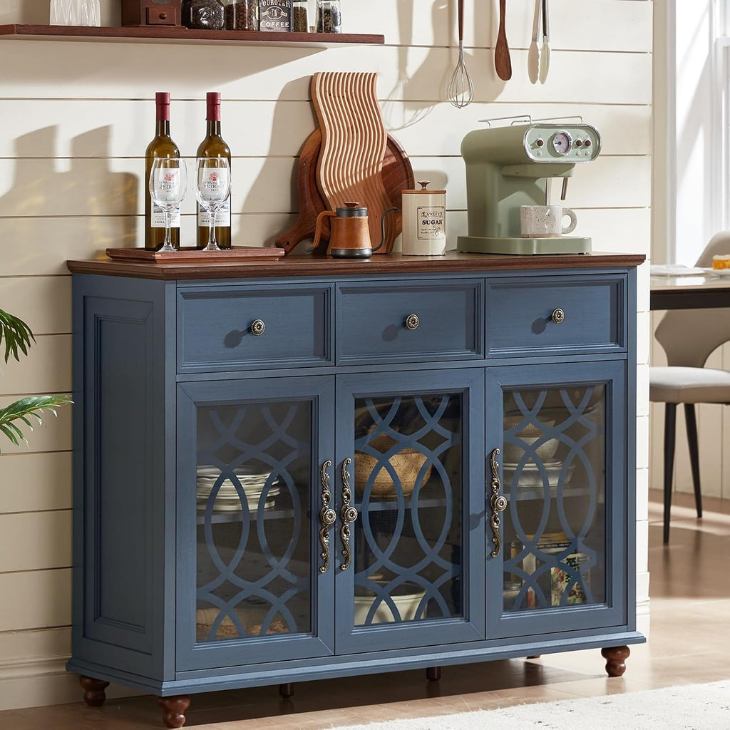 Navy Blue Rustic Farmhouse Sideboard Cabinet Glass