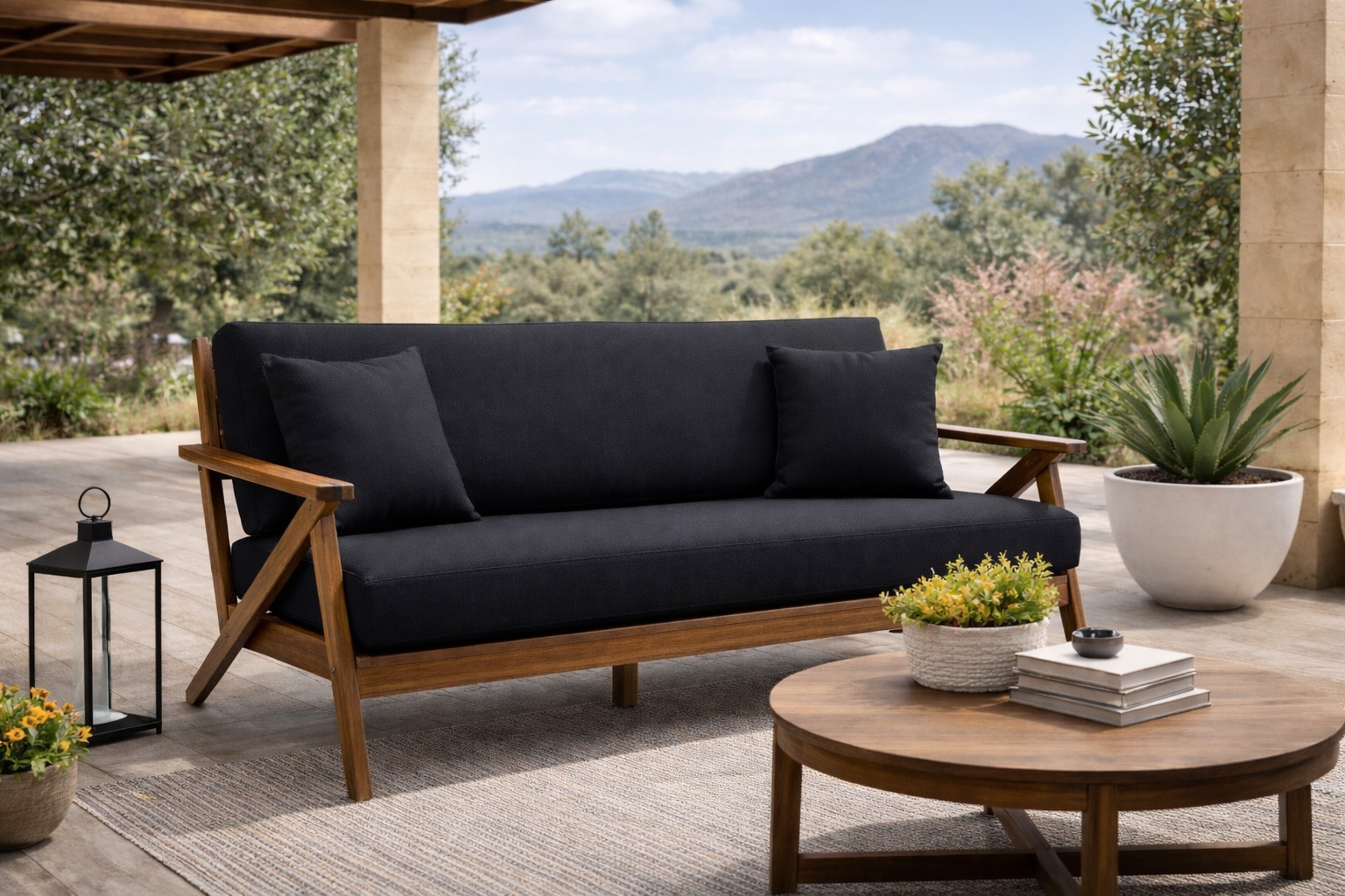 Solid Wood Outdoor Patio Sofa – Premium Build w/ Cushions