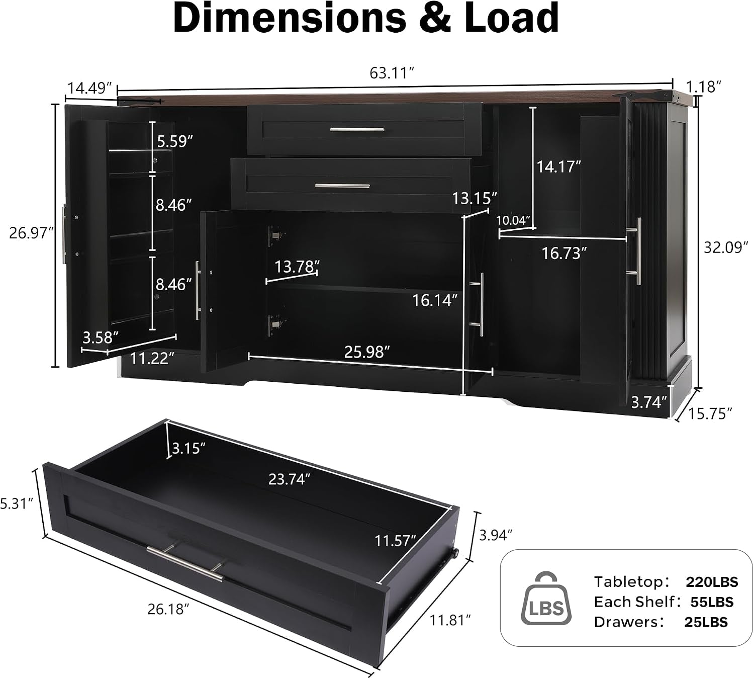 63Inch Charcoal Farmhouse Barn Door Sideboard Cabinet-1