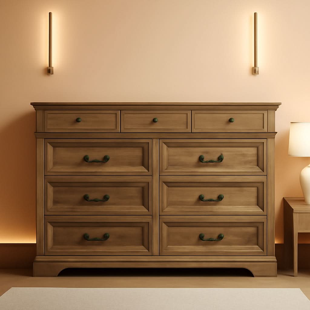 Nine Drawer Dresser Handcrafted Rustic Oakwood Finish