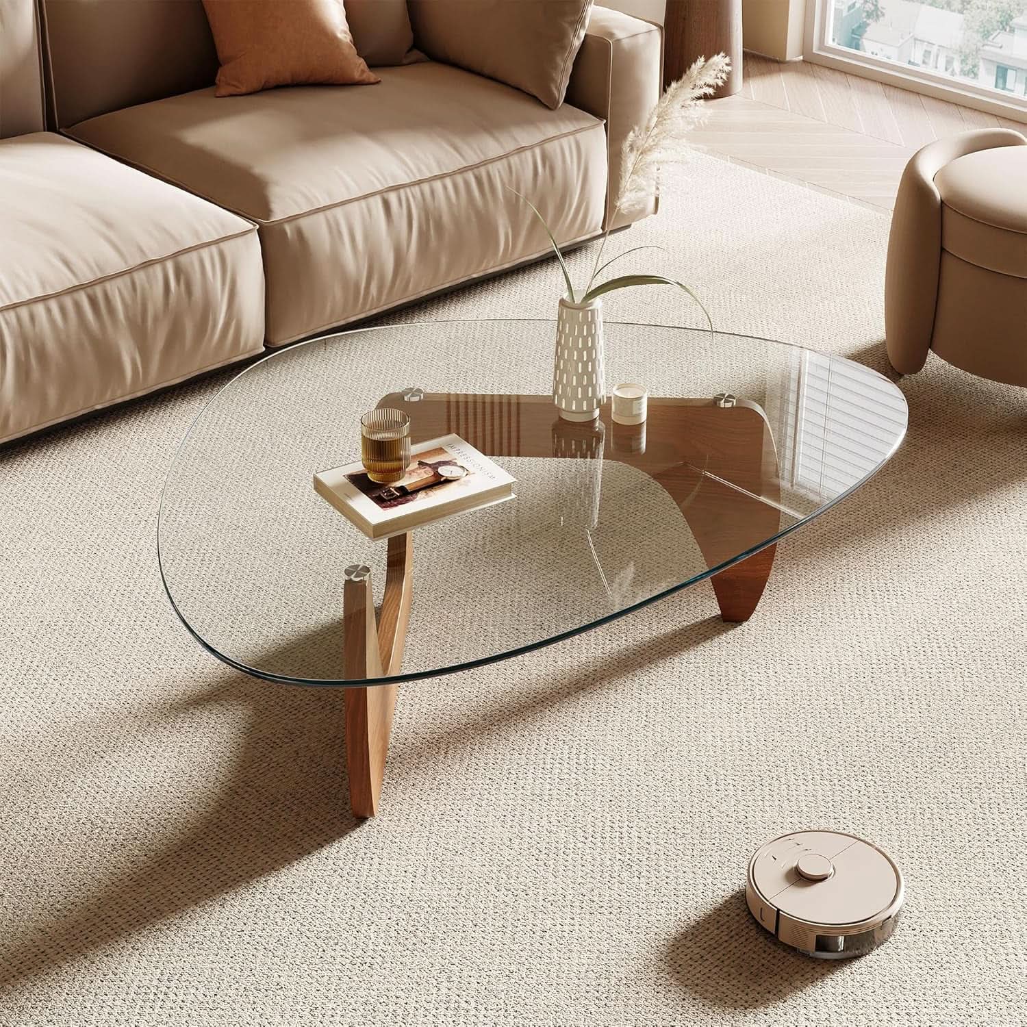 42.5 Inch Triangular Glass Coffee Table Natural Wood-0