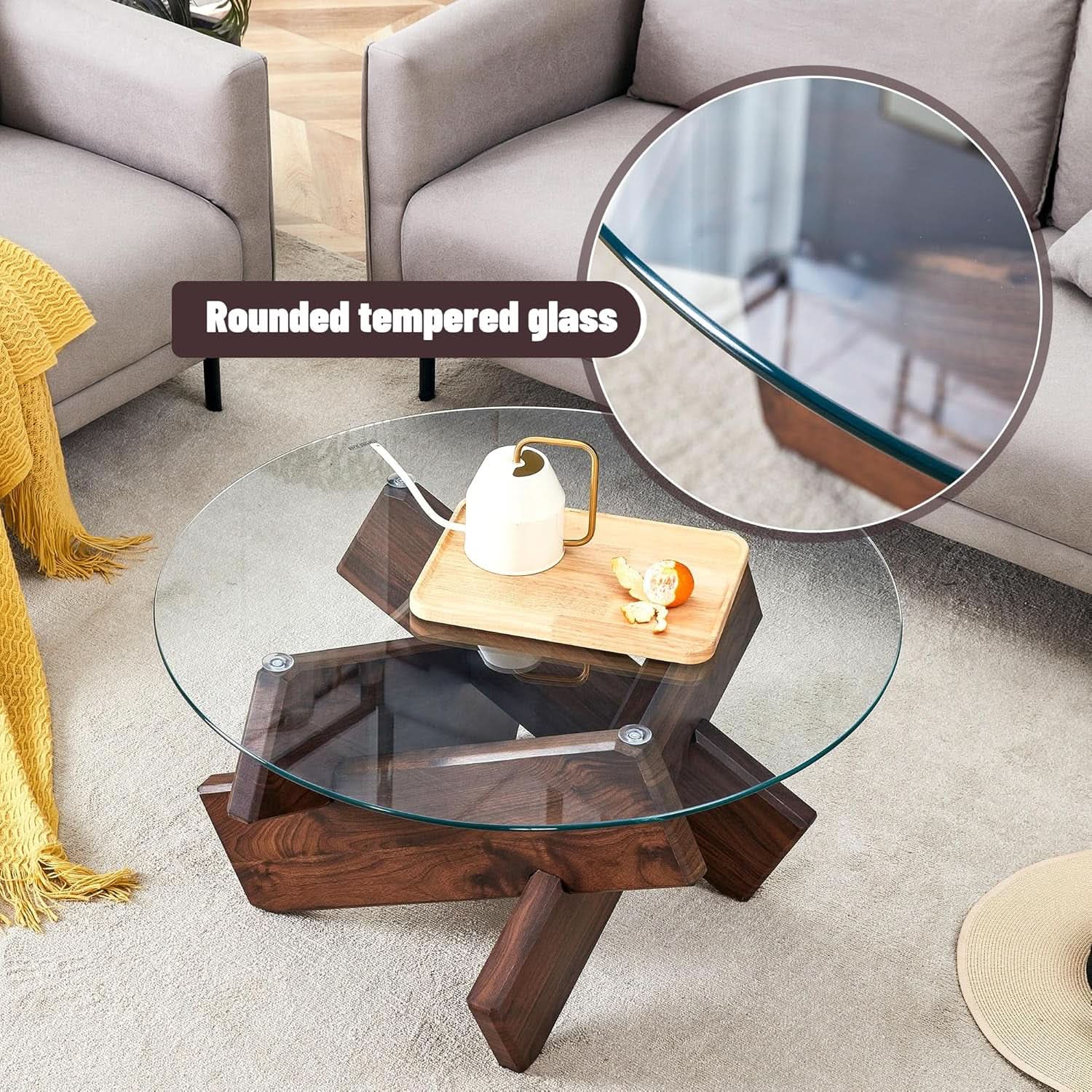 Walnut Round Glass Tempered Coffee Table 33.4I nches-3