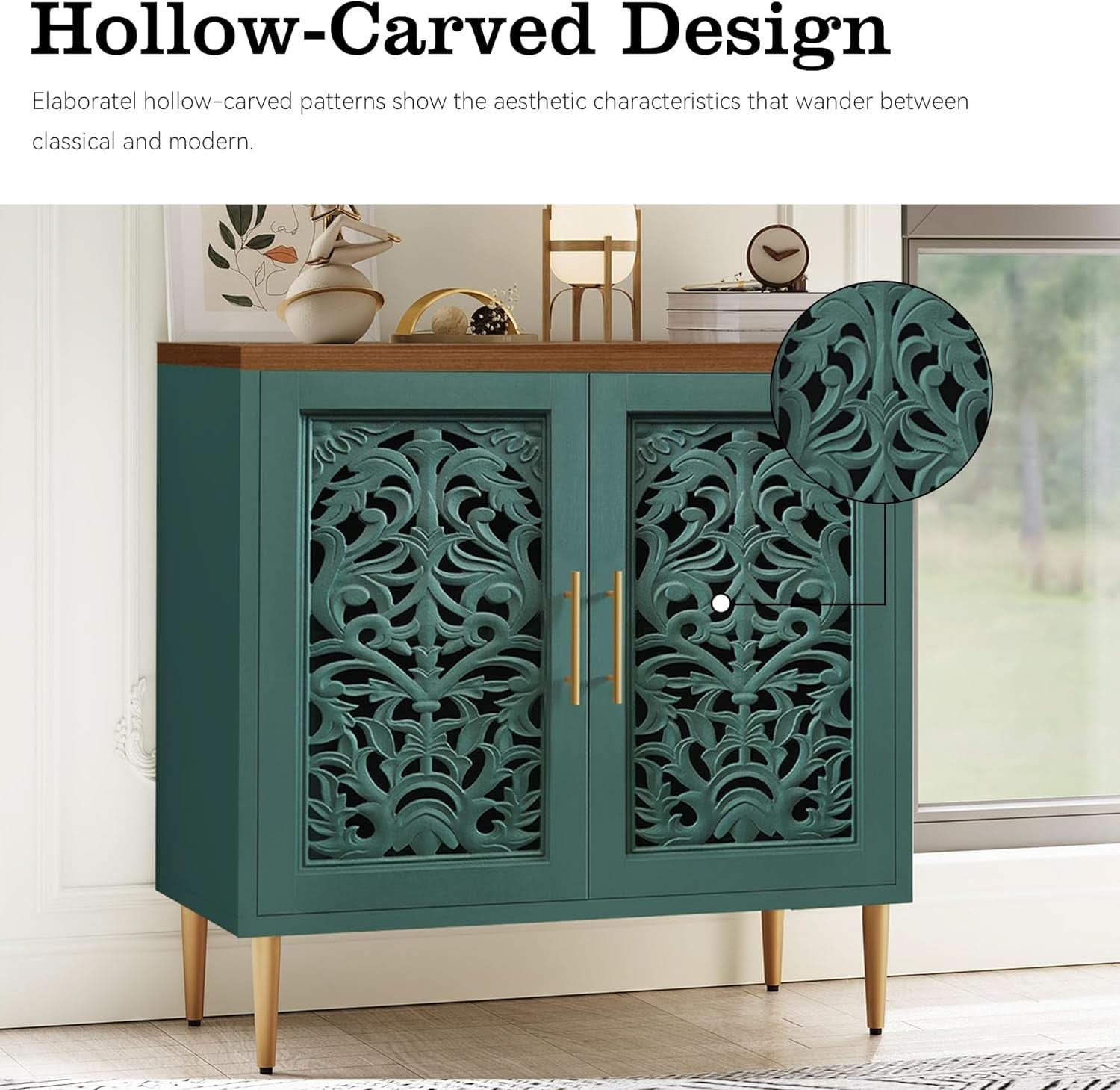 Green Accent Cabinet Carved Storage Vintage Furniture-3