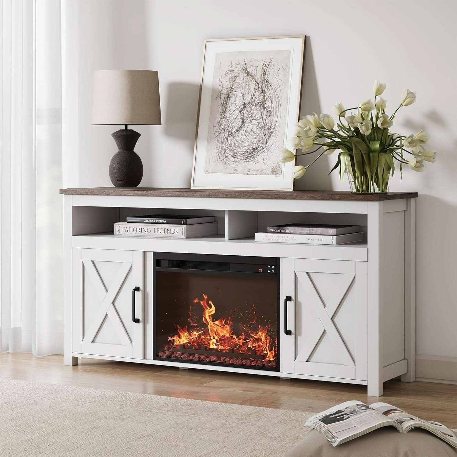 58 Inch White Farmhouse Fireplace TV Stand Cabinet-1