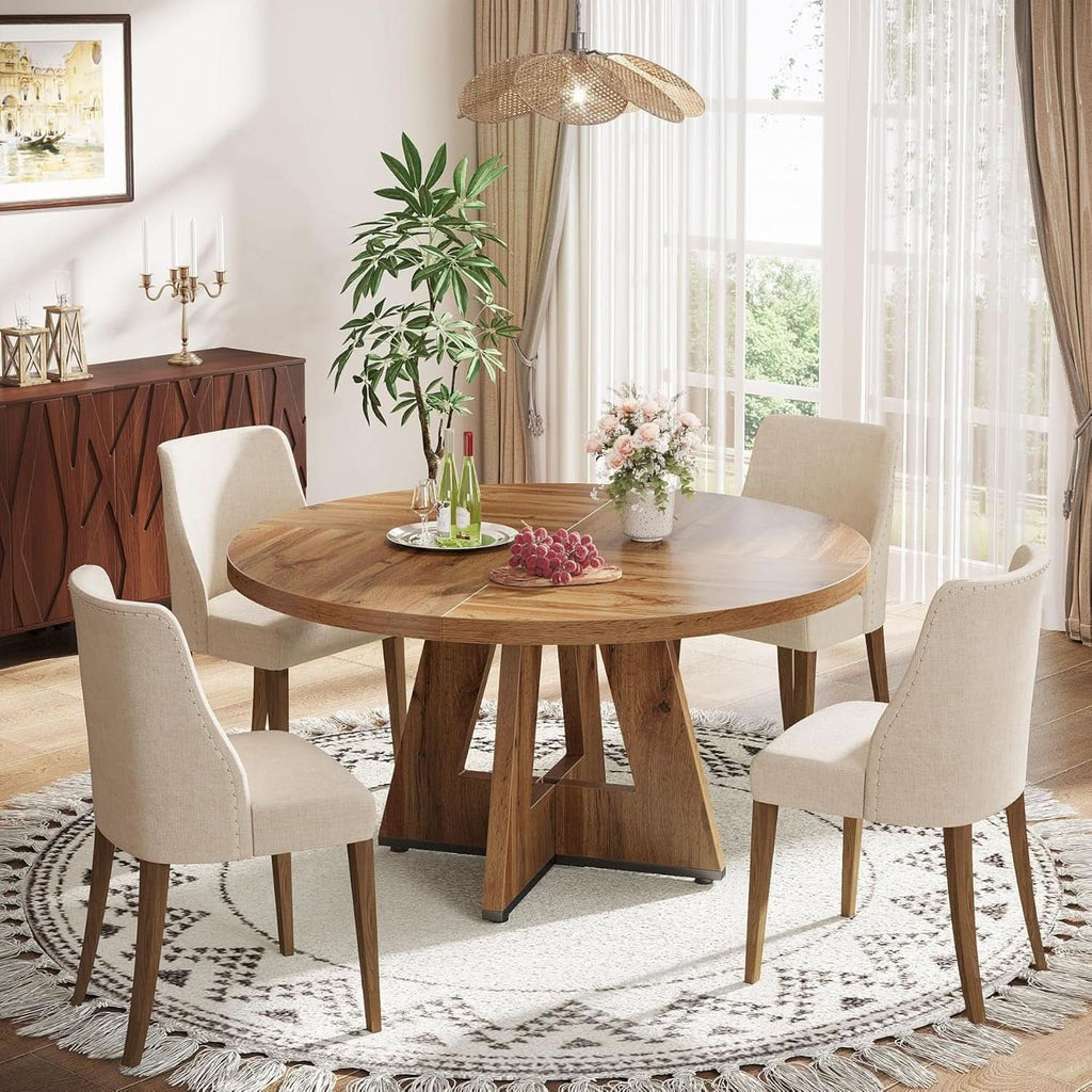 Round 47 Inch Farmhouse Dining Table For Four Kitchen Living Room Wood-3