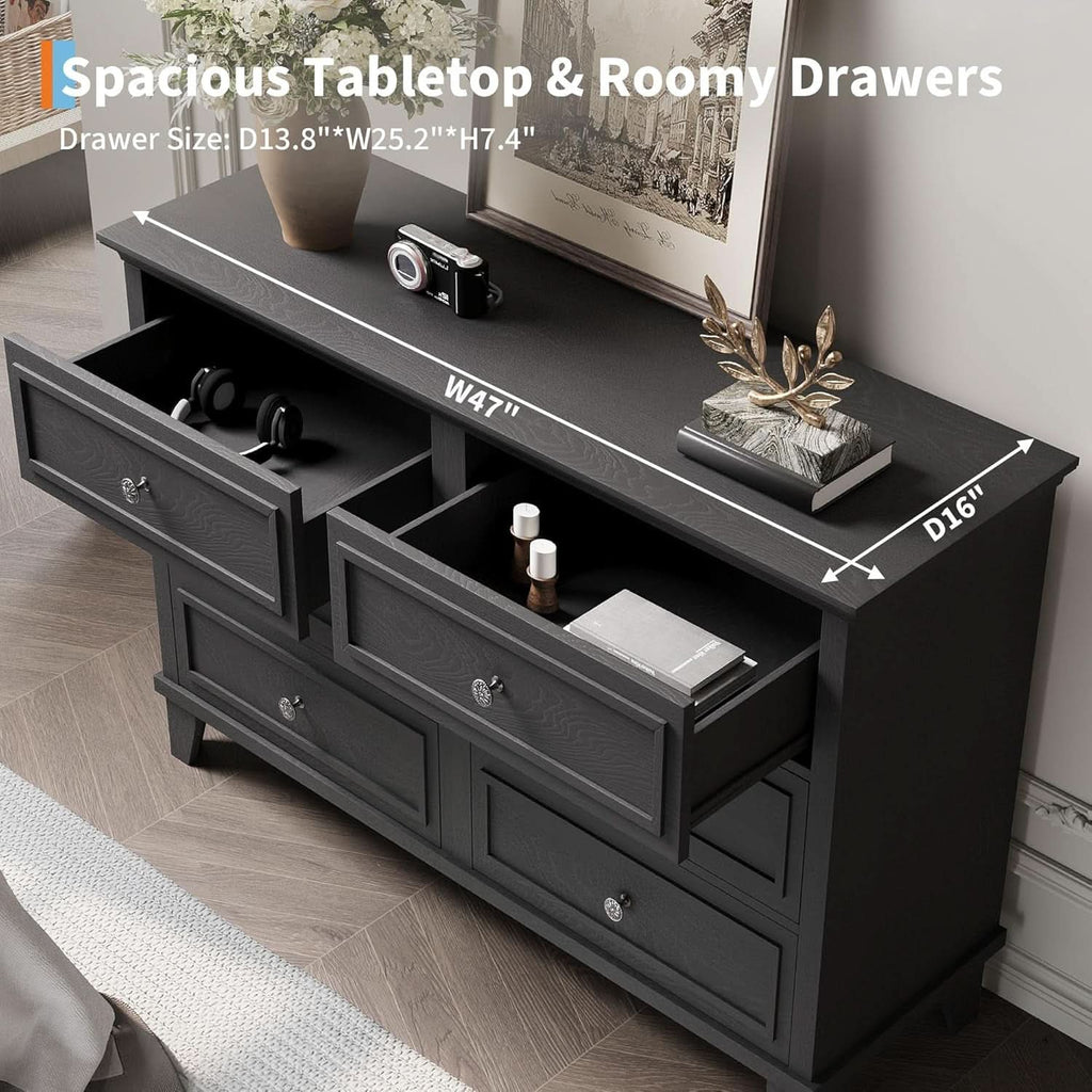 Black Antiqued Traditional Six Drawer Dresser Chest