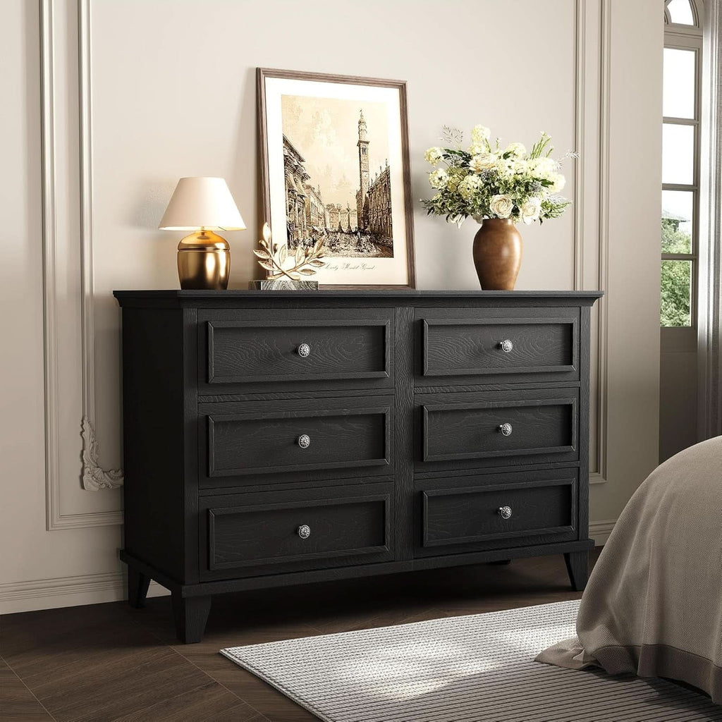 Black Antiqued Traditional Six Drawer Dresser Chest
