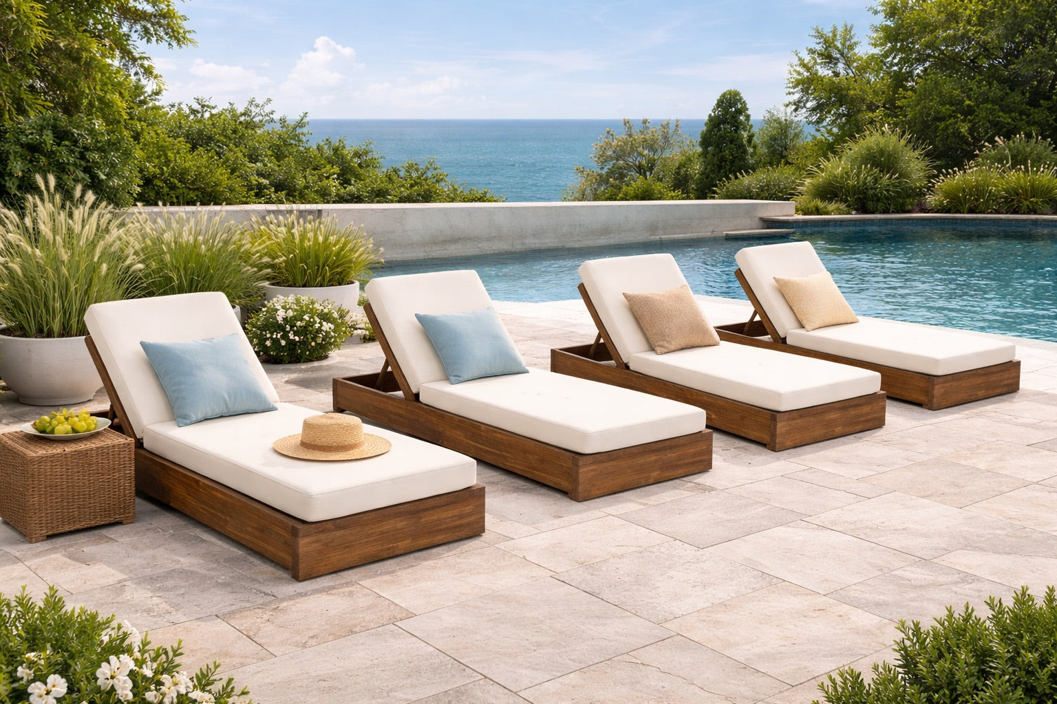 acacia wood lounge with cushions