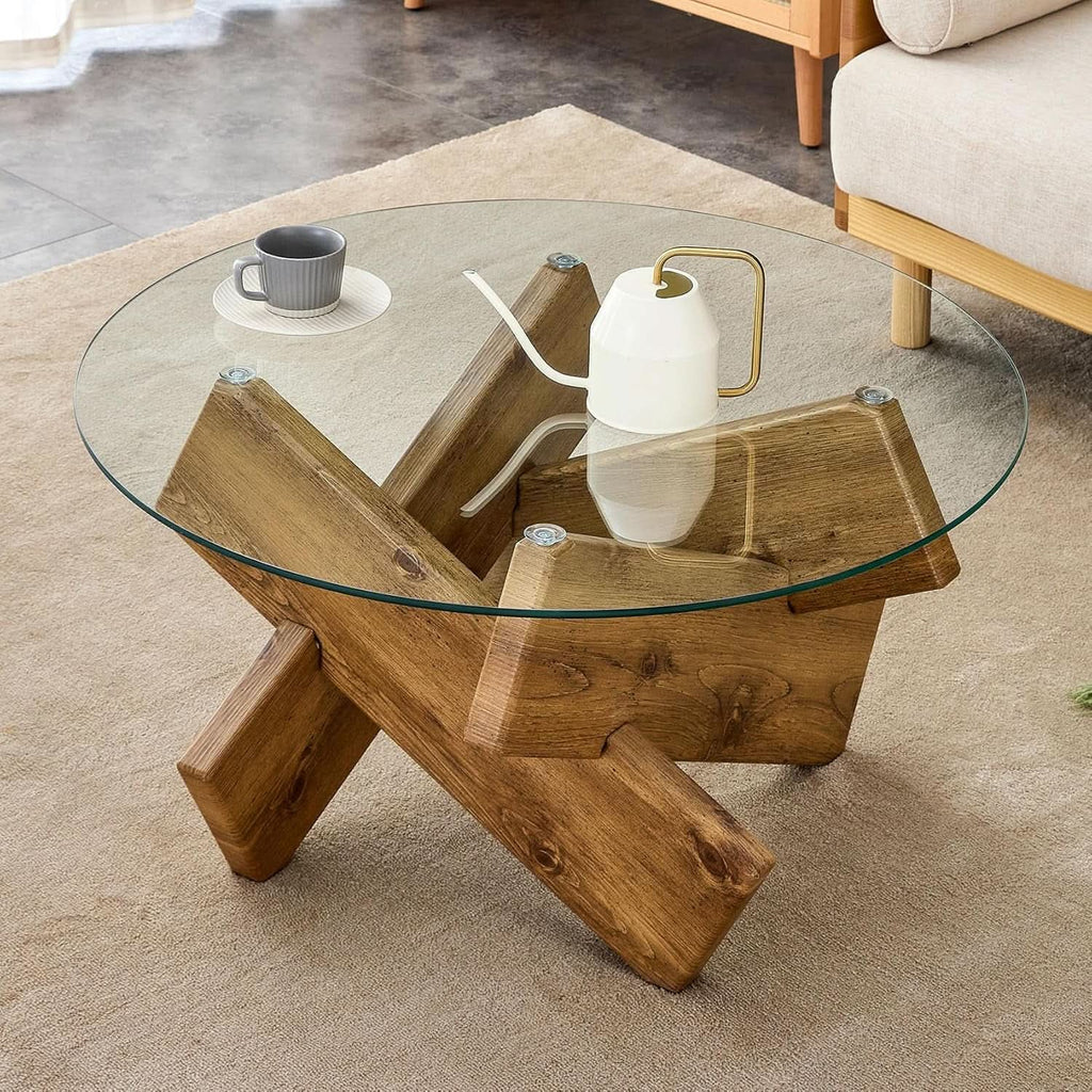 Circular Glass Coffee Table 33 Inch Centerpiece Showcase-2