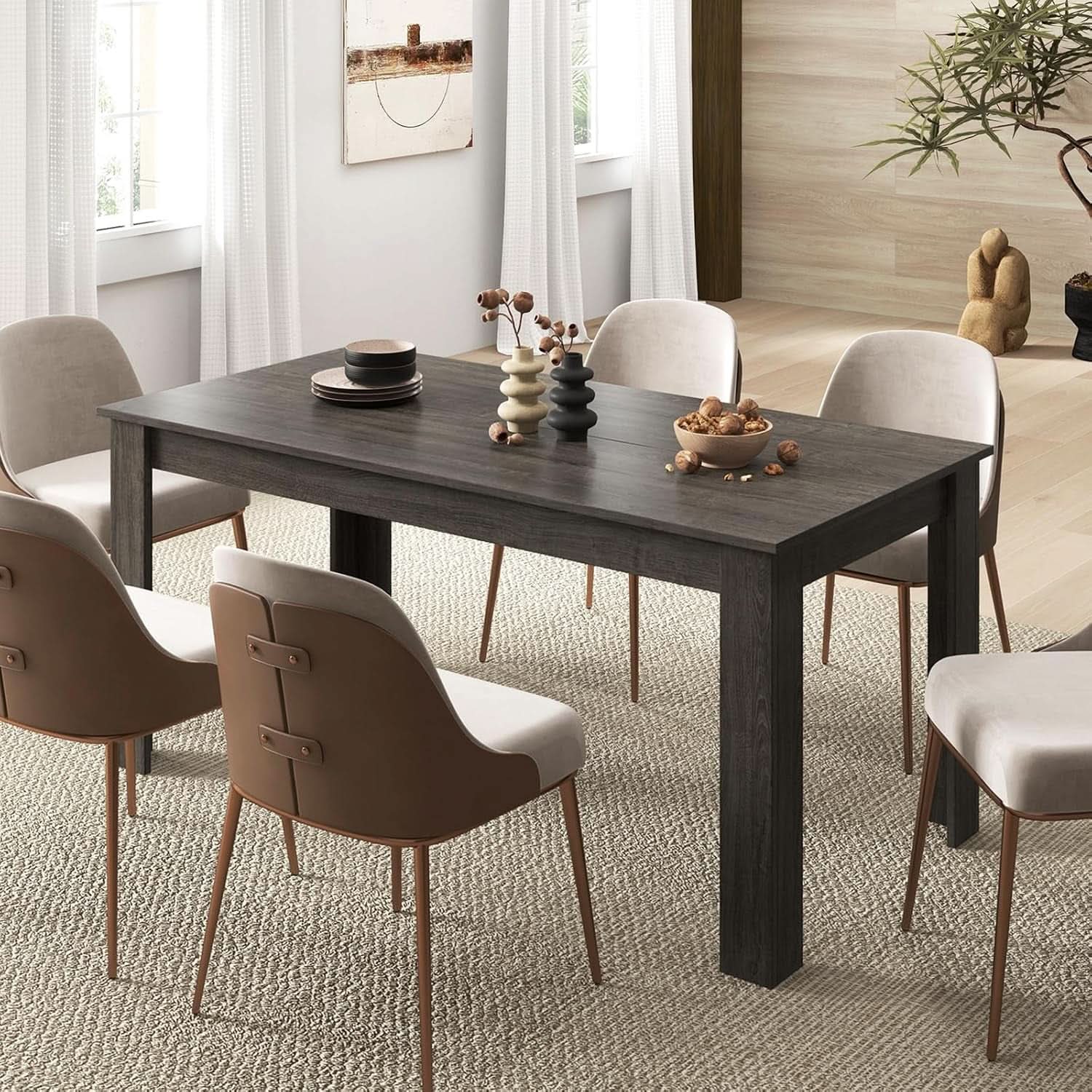 63 Inch Wood Dining Table For 4 To 6 People Grey Ideal For Dining Room-2
