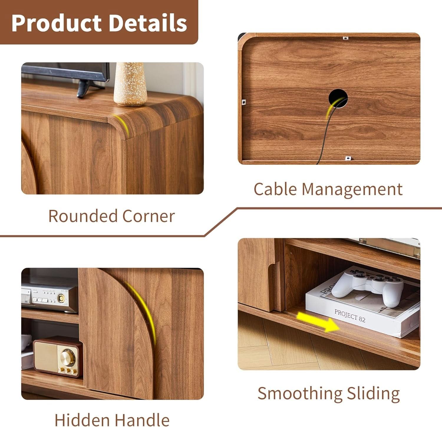 Walnut 63 Inch TV Stand Sliding Doors Entertainment-4