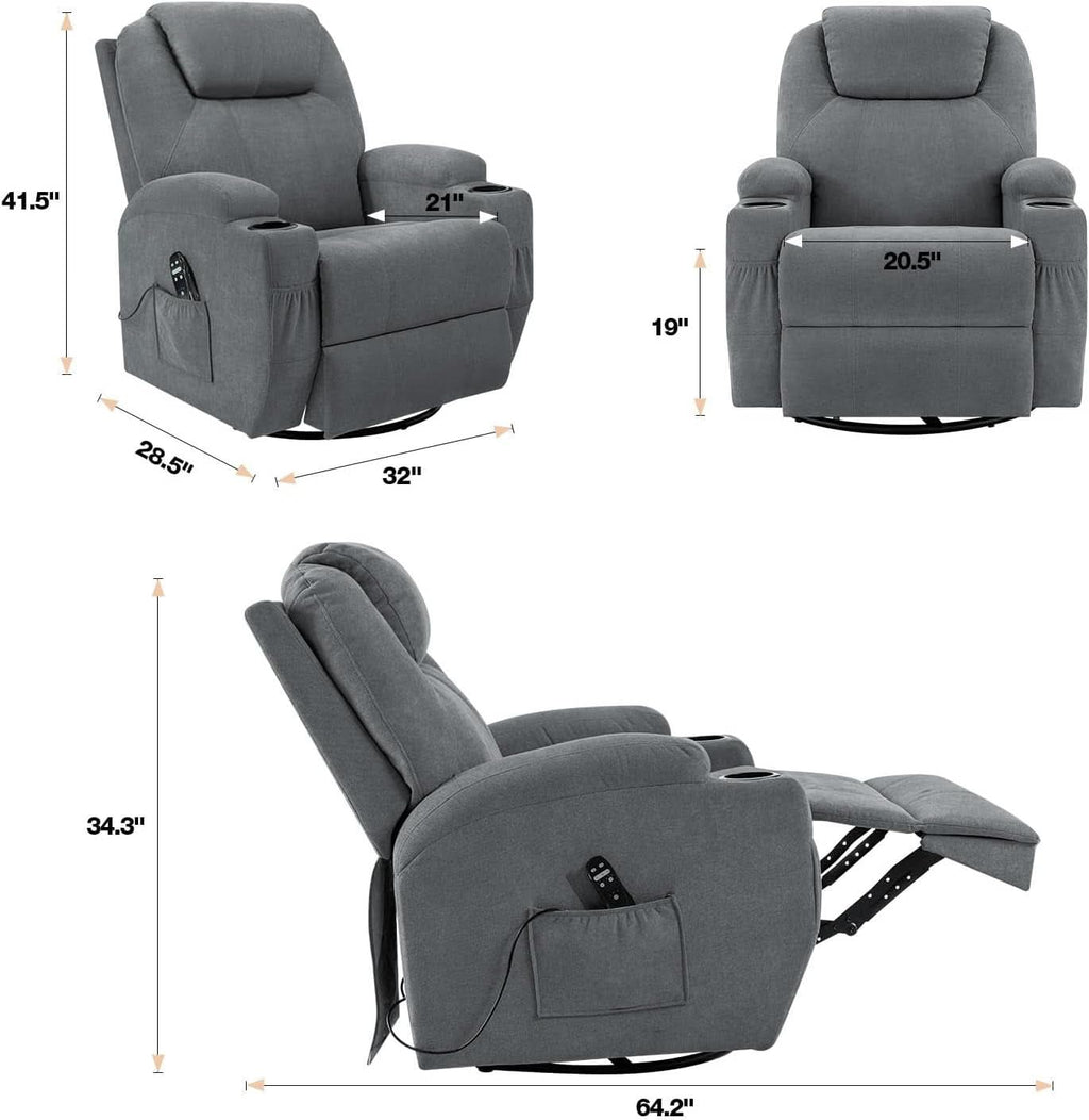 Gray Massaging Recliner With Cupholders Extendable Footrest
