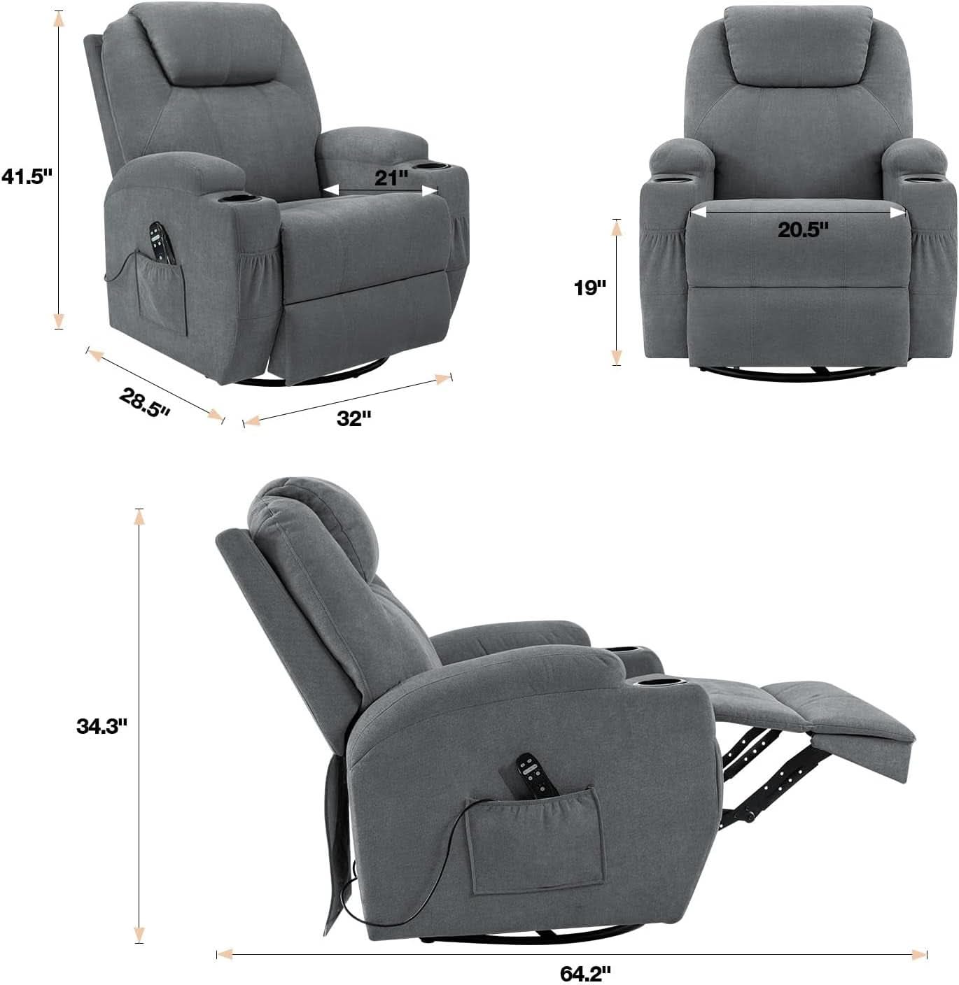 Gray Massaging Recliner With Cupholders Extendable Footrest