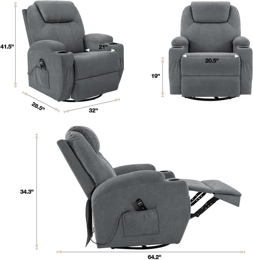 Gray Massaging Recliner With Cupholders Extendable Footrest