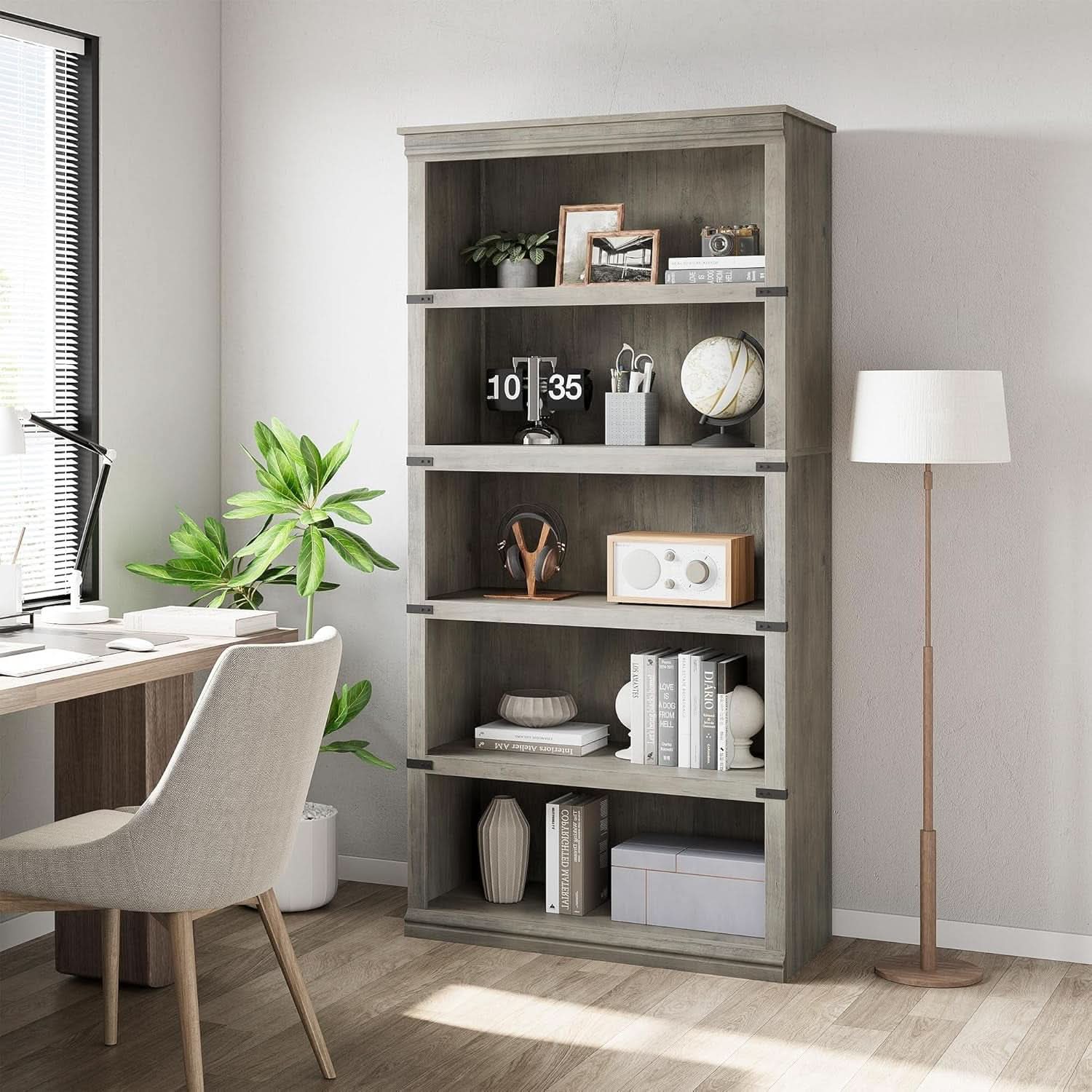 Grey Farmhouse Five Tier Bookcase Living Room Storage