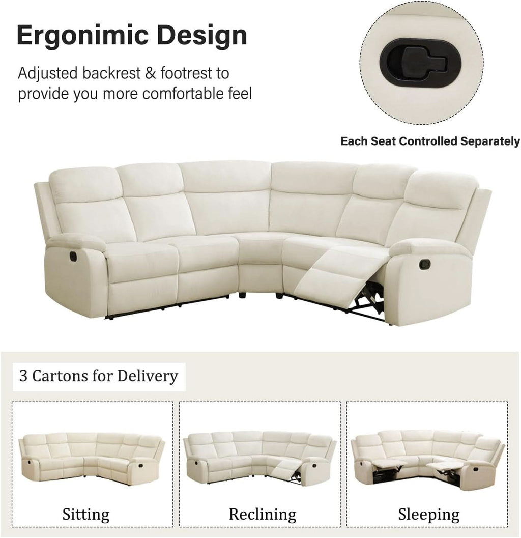 Off White Recliner Sectional Sofa Five Seats Living Room